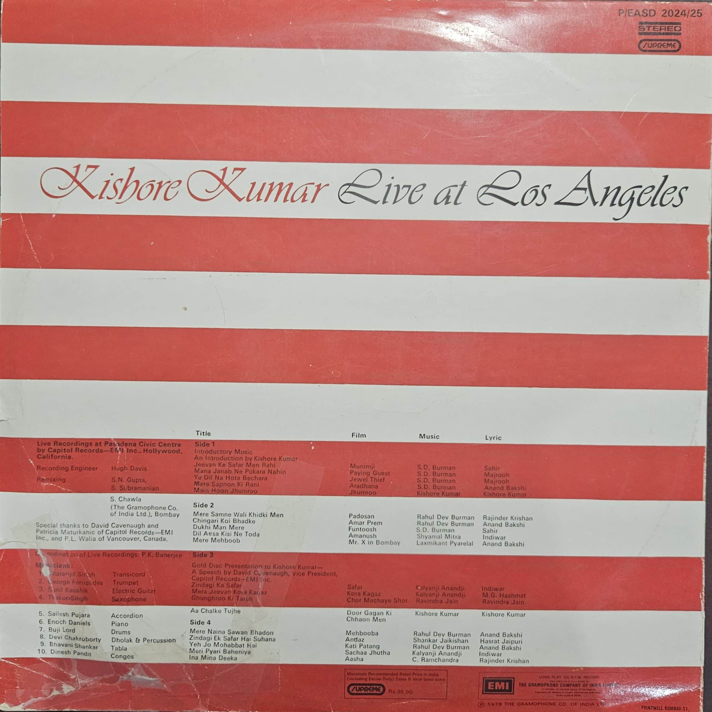 Kishore Kumar Live at Los Angeles - Record LP Vinyl Vintage -Bollywood - Image 3