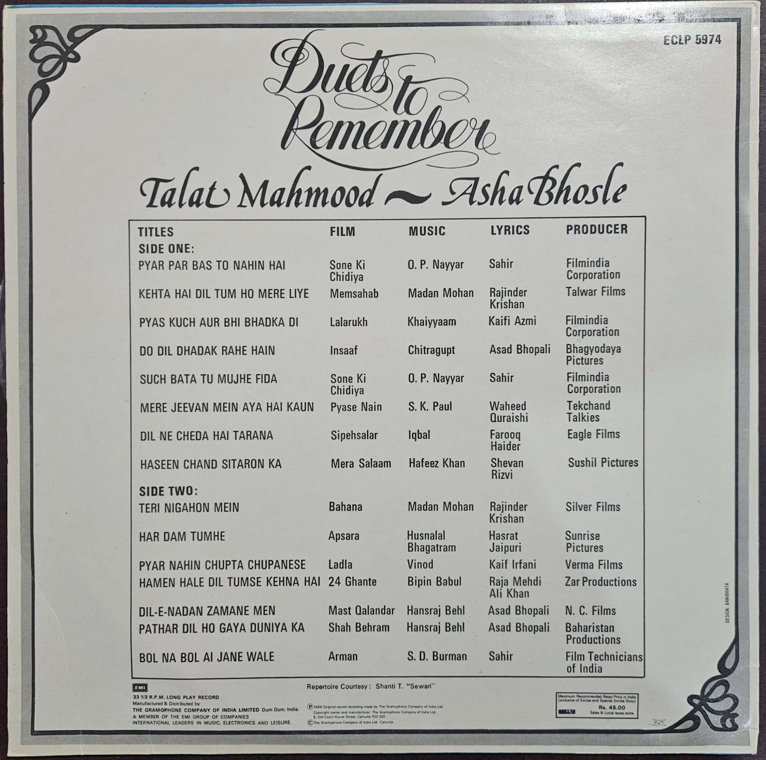 Duets to Remember - Talat Mahmood and Asha Bhosle – Record LP Vinyl Vintage -Bollywood - Image 2