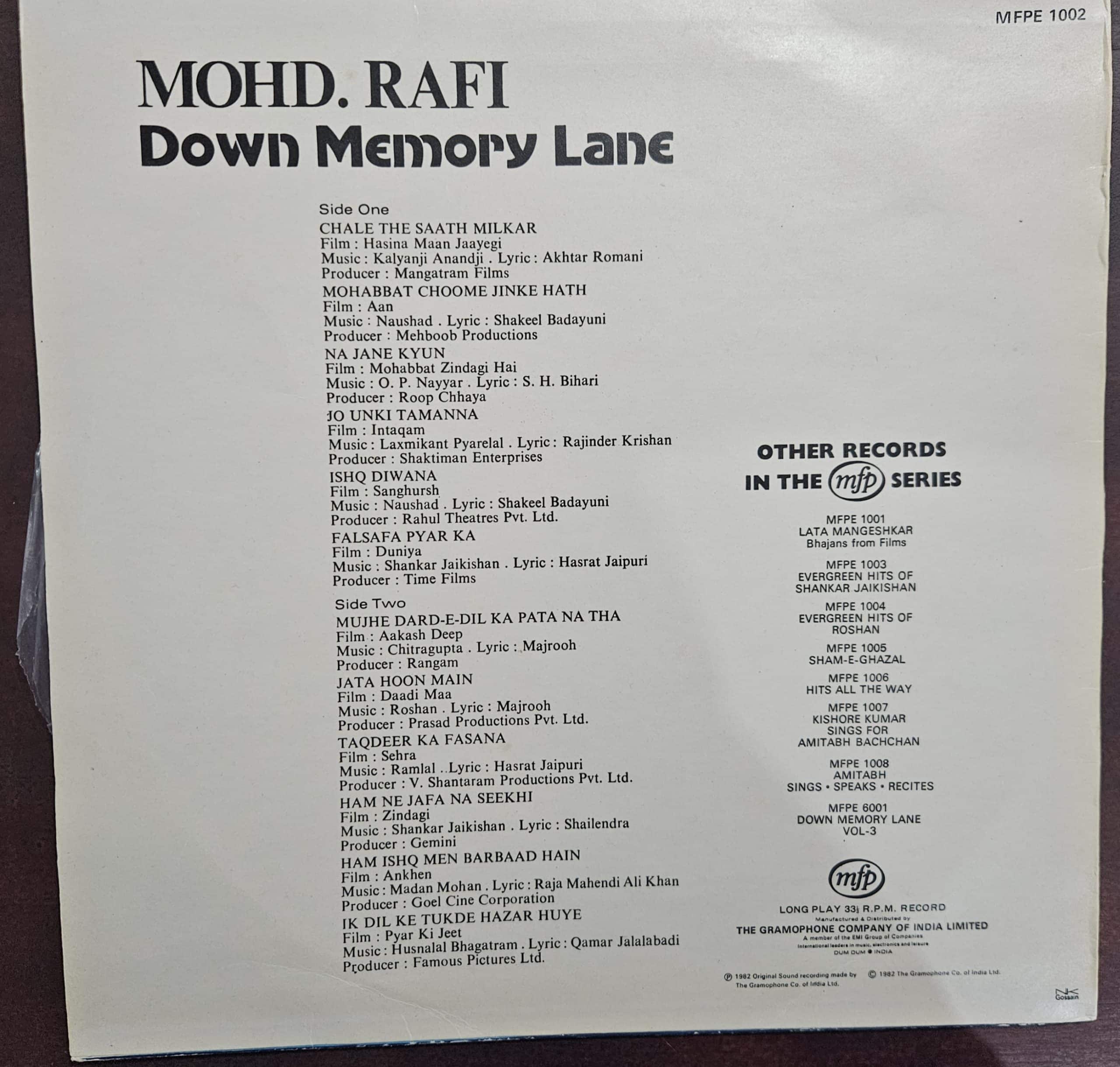 Down Memory Lane - Mohd Rafi - Record LP Vinyl Vintage -Bollywood - Image 2