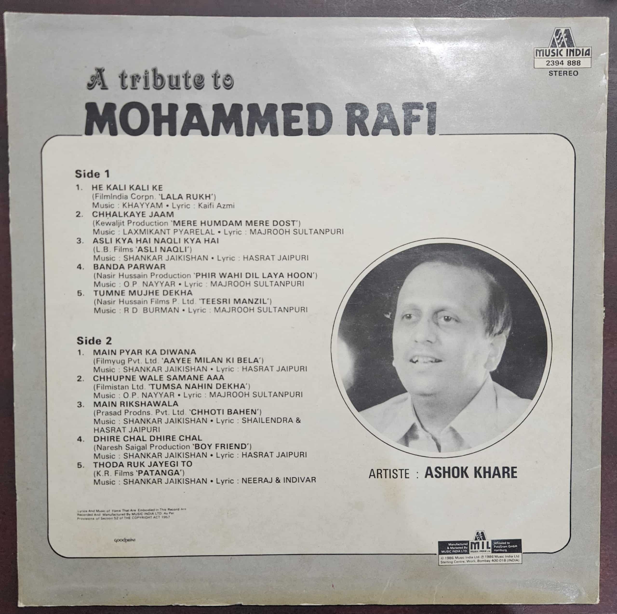 A Tribute to Mohamed Rafi – Record LP Vinyl Vintage -Bollywood - Image 2
