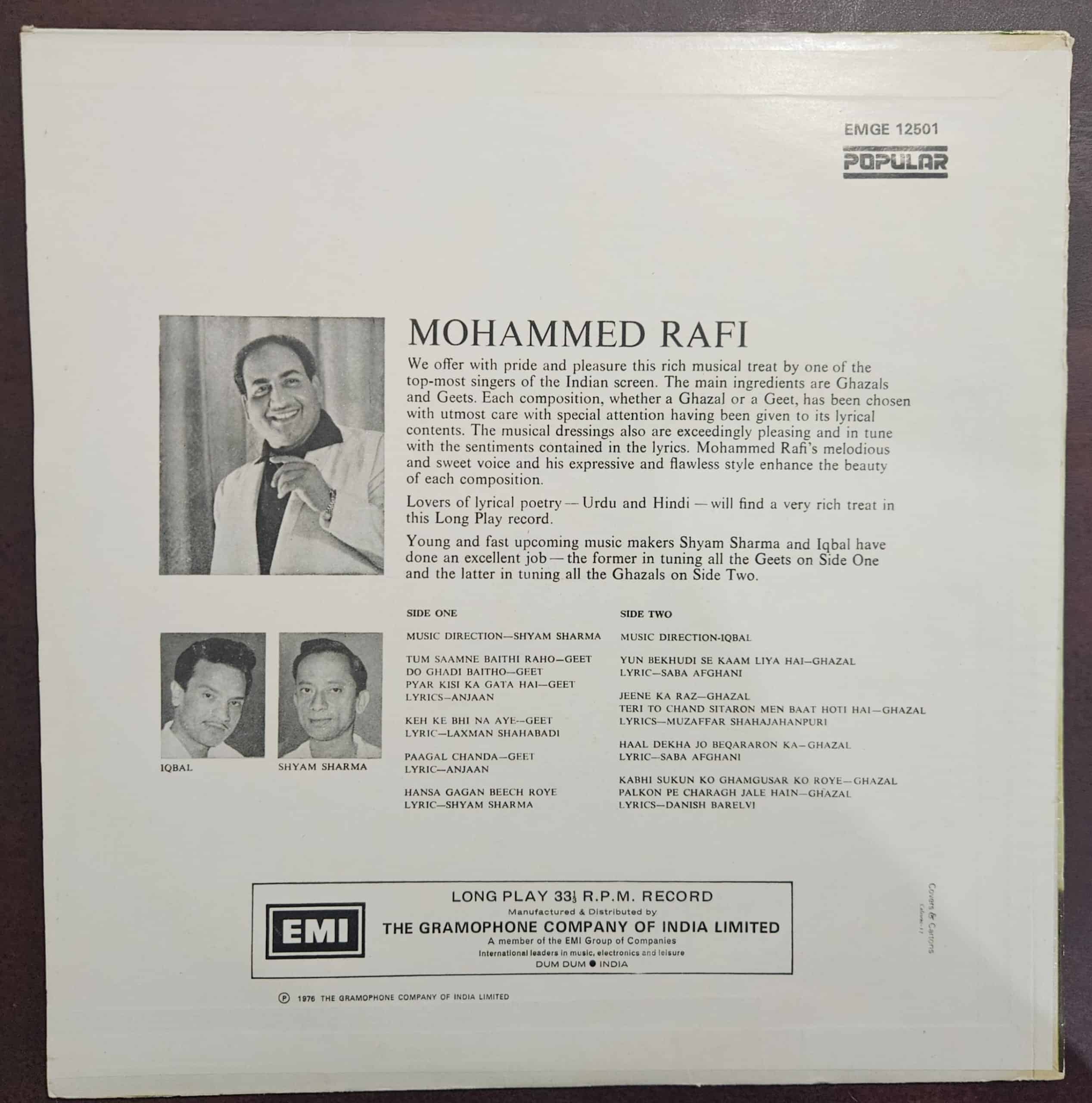 Mohammed Rafi – Hindustani Ghazals And Geets – Record LP Vinyl Vintage -Bollywood - Image 2