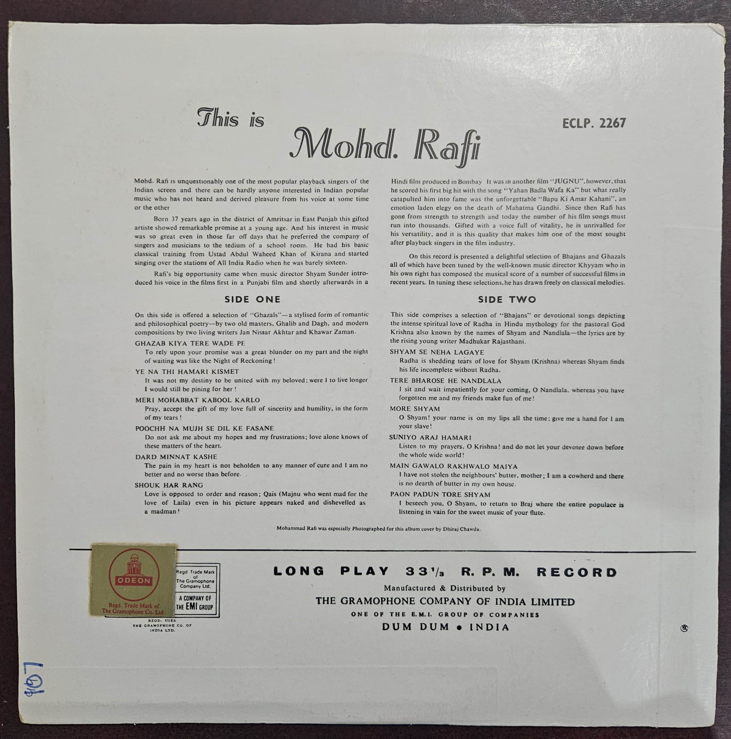 This is Mohd Rafi – Record LP Vinyl Vintage -Bollywood - Image 2