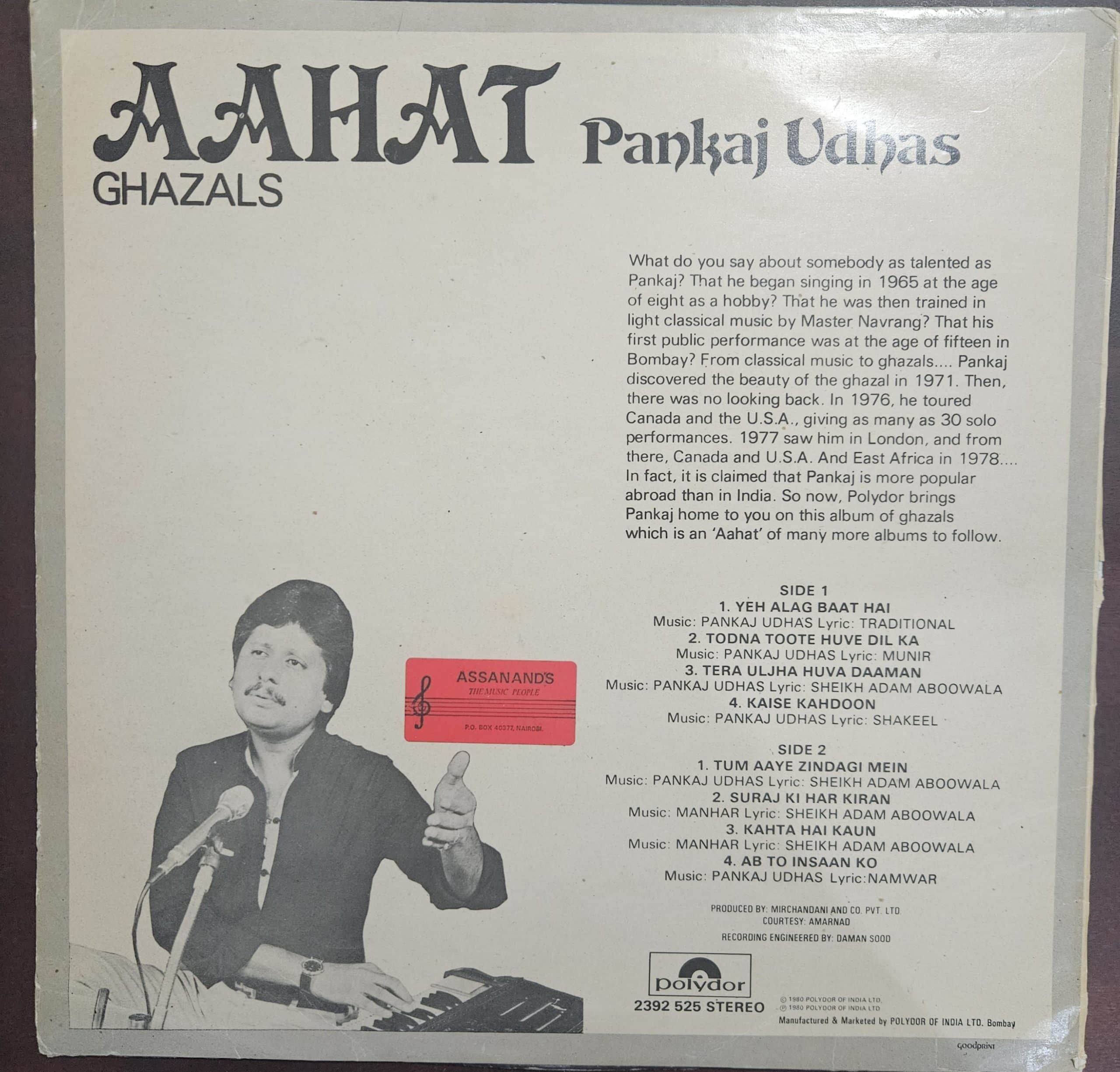 Aahat - Ghazals - Pankaj Udhas – Record LP Vinyl Vintage - Image 2