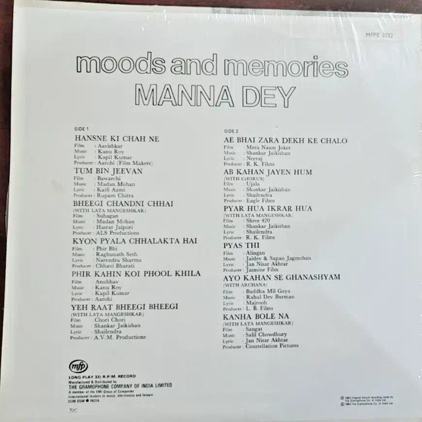 Moods and Memories - Manna Dey - Record LP Vinyl Vintage -Bollywood - Image 2