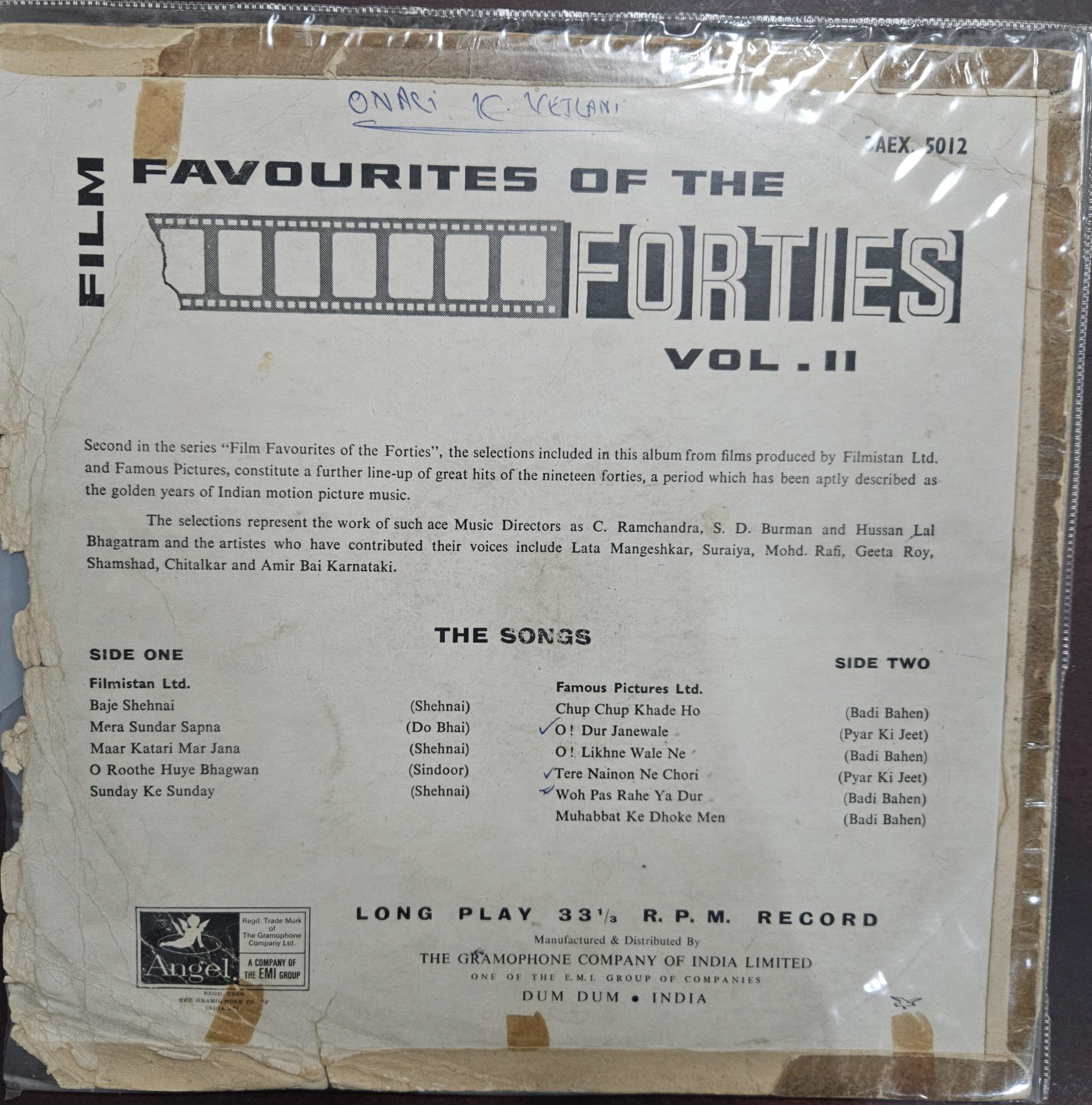 Film Favourites of the Forties – Vol II Record LP Vinyl Vintage – Bollywood - Image 2