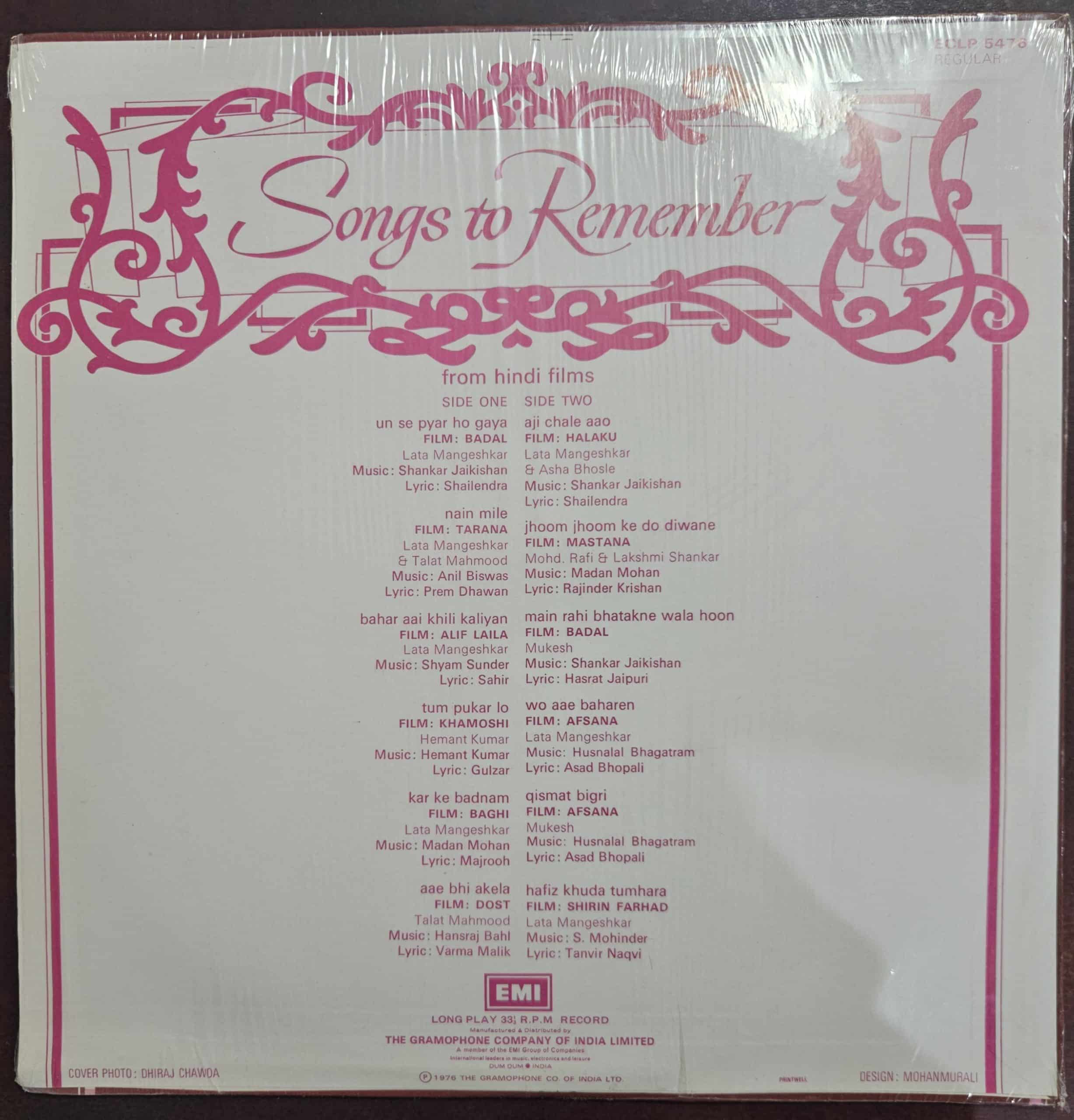 Songs to Remember from Hindi Films – Record LP Vinyl Vintage – Bollywood - Image 2
