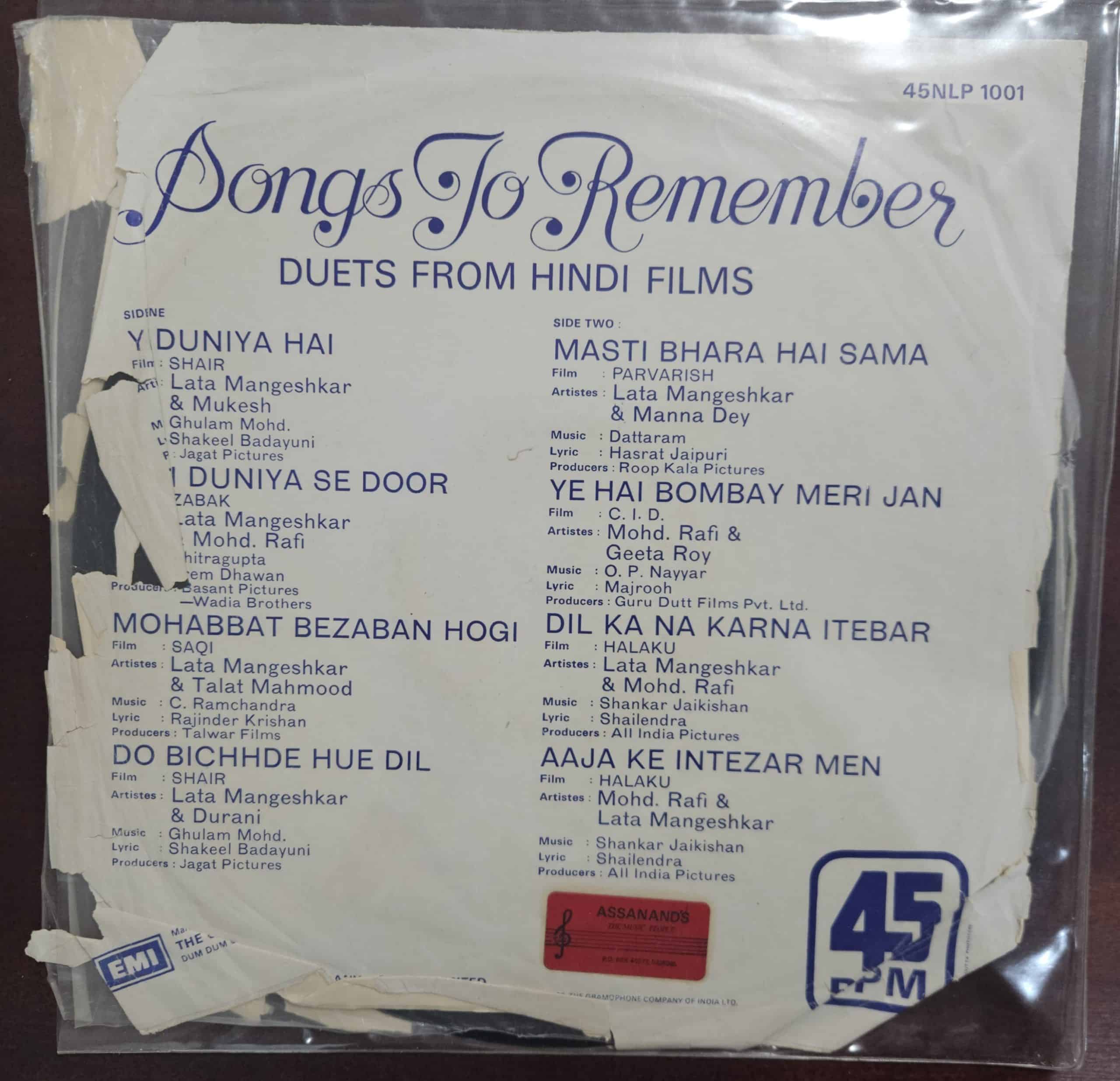Songs To Remember (Duets From Hindi Films) (Worn Sleeve)– Record LP Vinyl Vintage – Bollywood - Image 2