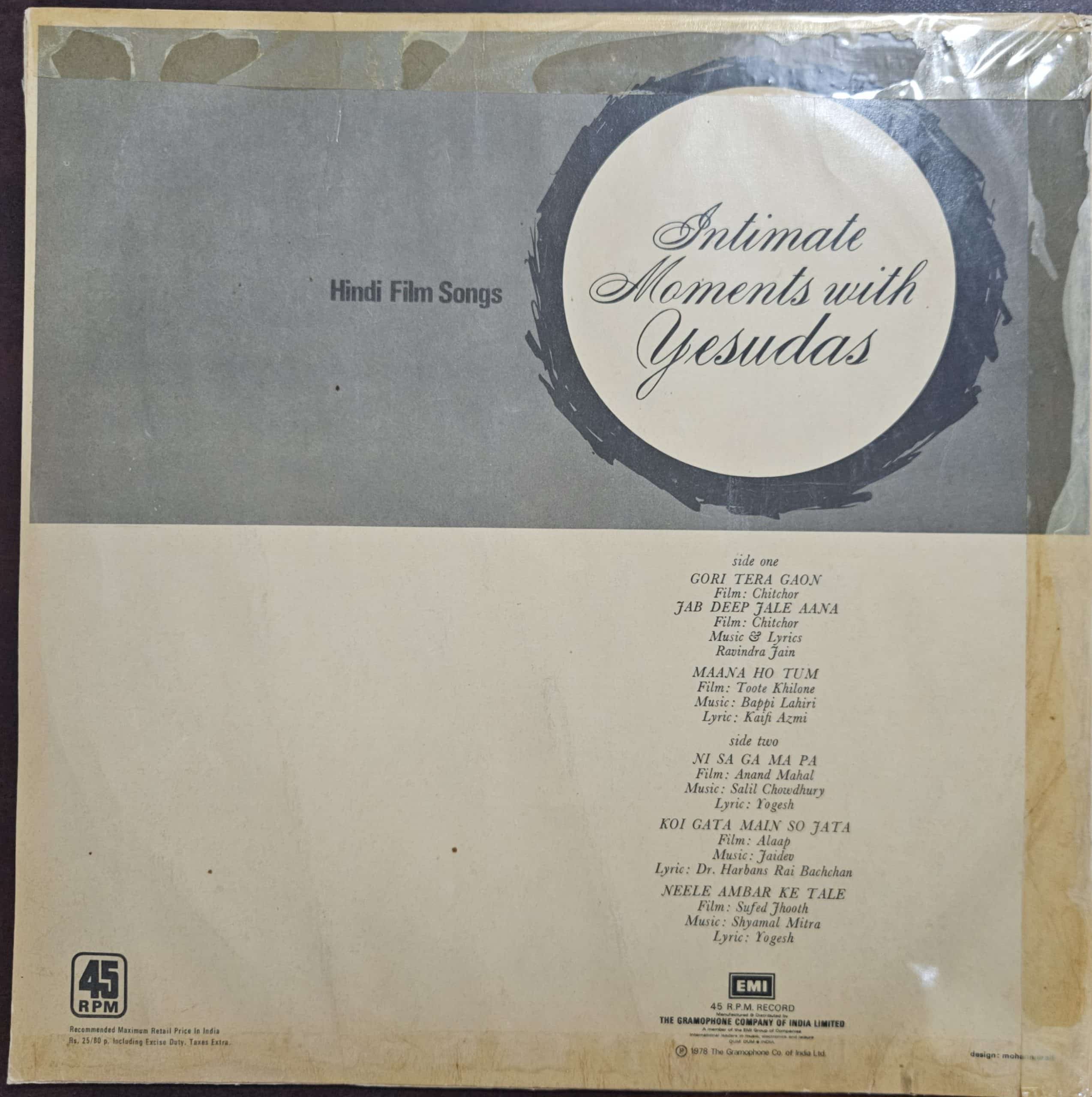 Intimate Moments of Yesudas – Record LP Vinyl Vintage – Bollywood - Image 2