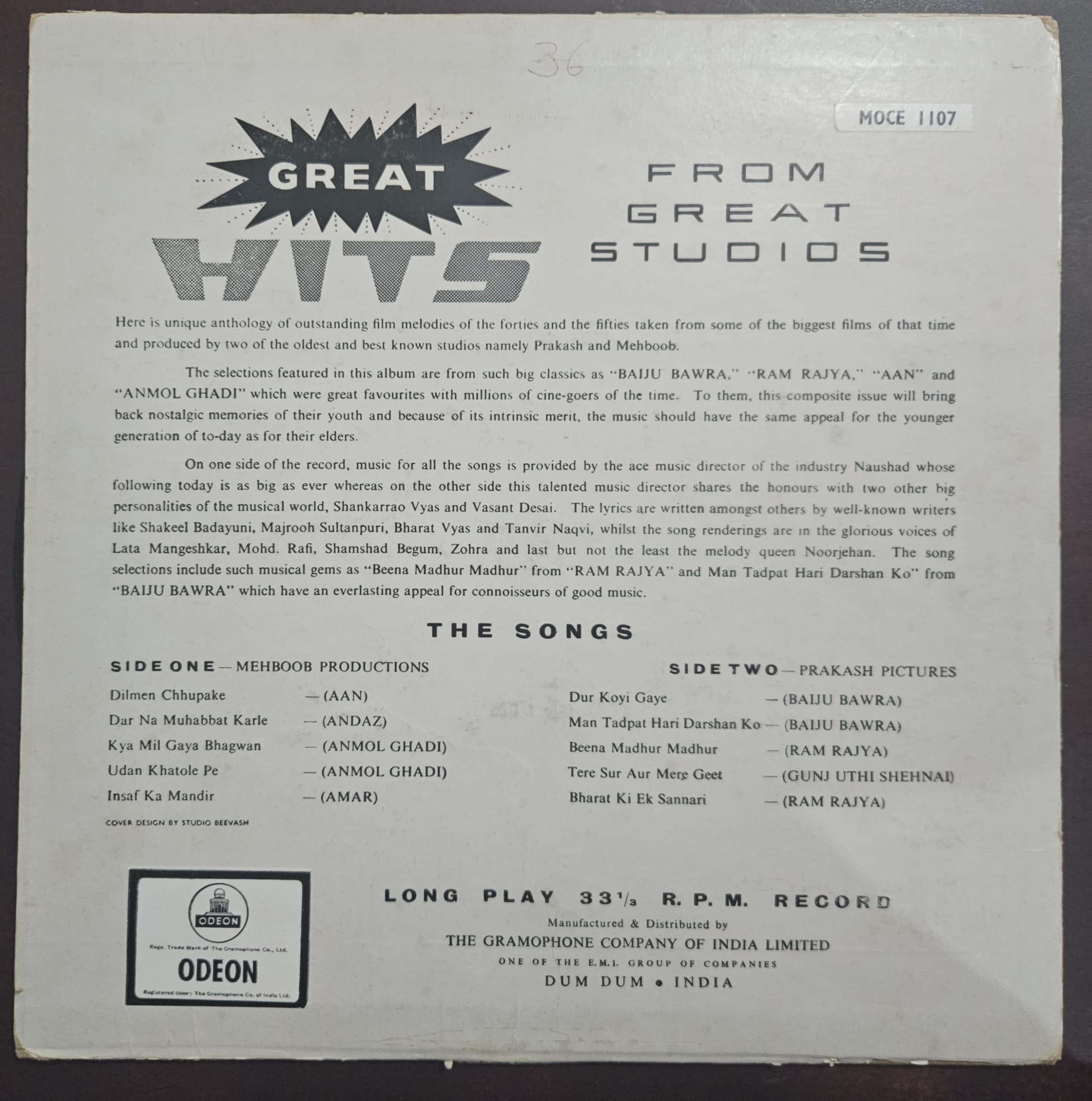 Great Hits from Great Studios – Record LP Vinyl Vintage – Bollywood - Image 2