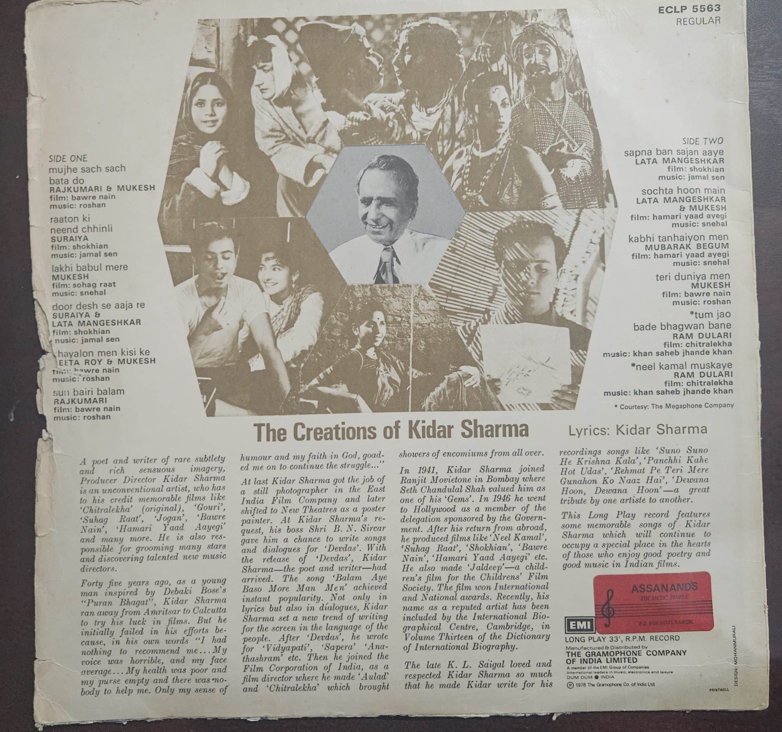 Songs To Remember From Hindi Films - The Creations Of Kidar Sharma (Fair) – Record LP Vinyl Vintage – Bollywood - Image 2