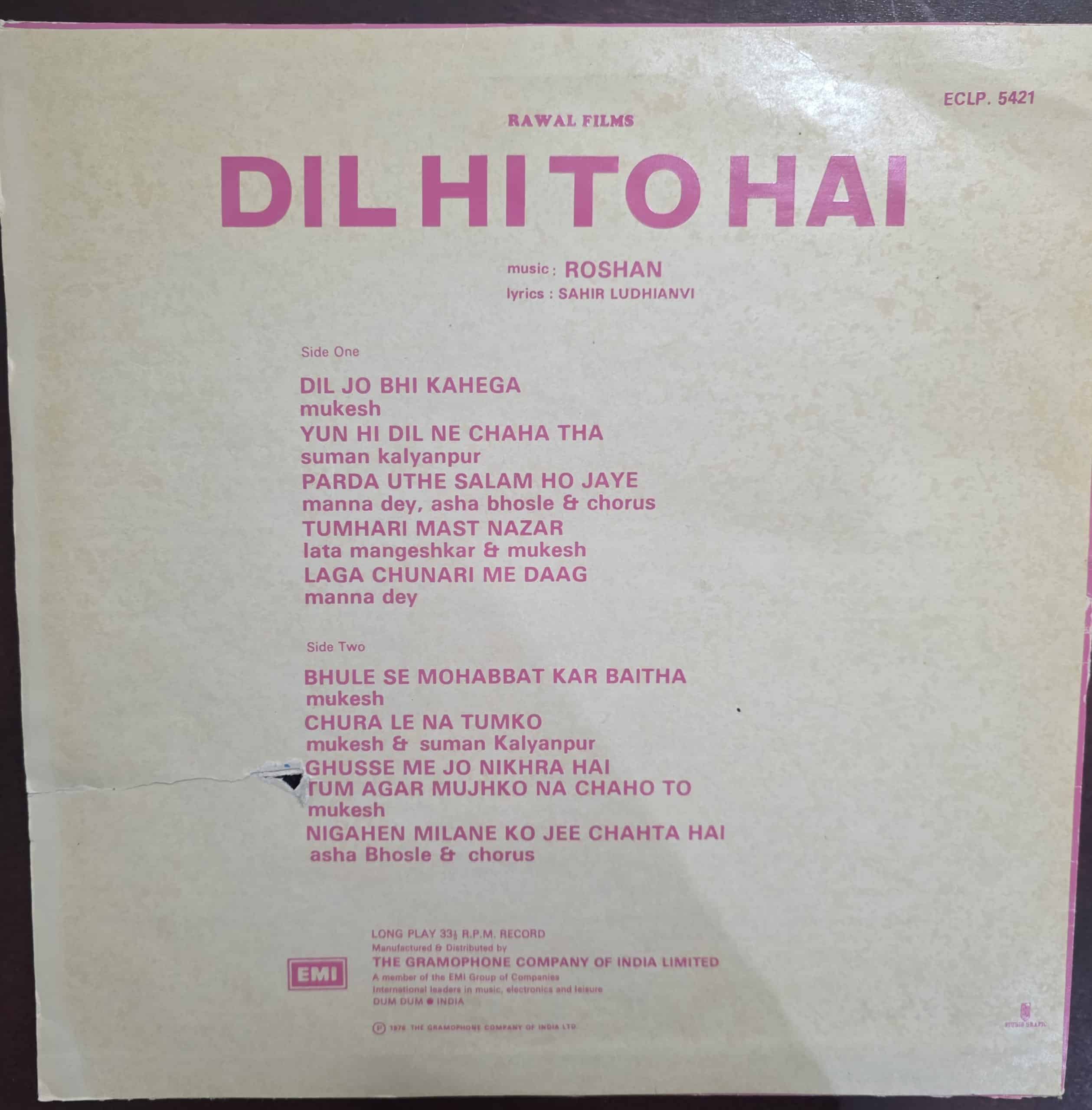 Dil Hi To Hai – Record LP Vinyl Vintage -Bollywood - Image 2