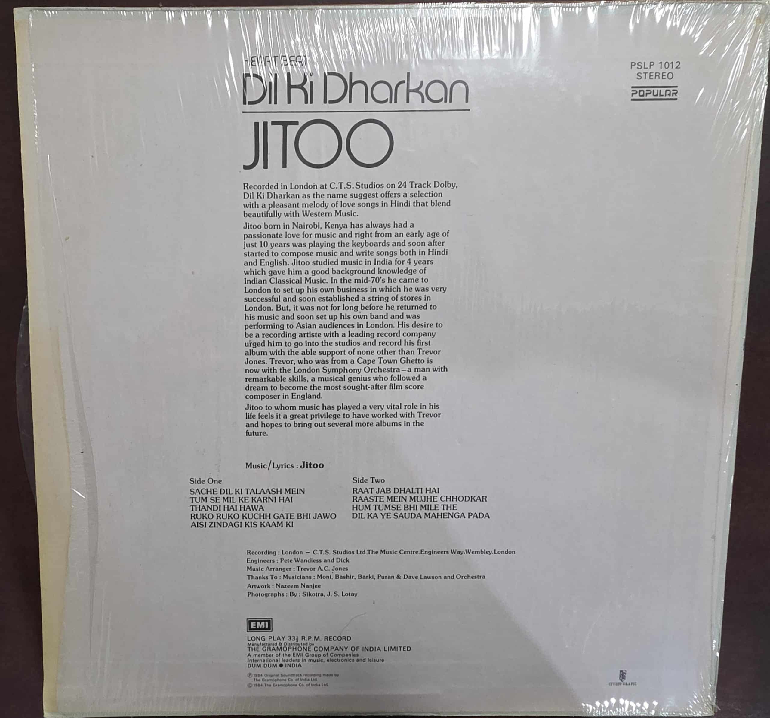 Jitoo* – Dil Ki Dharkan – Record LP Vinyl Vintage - Disco - Image 2