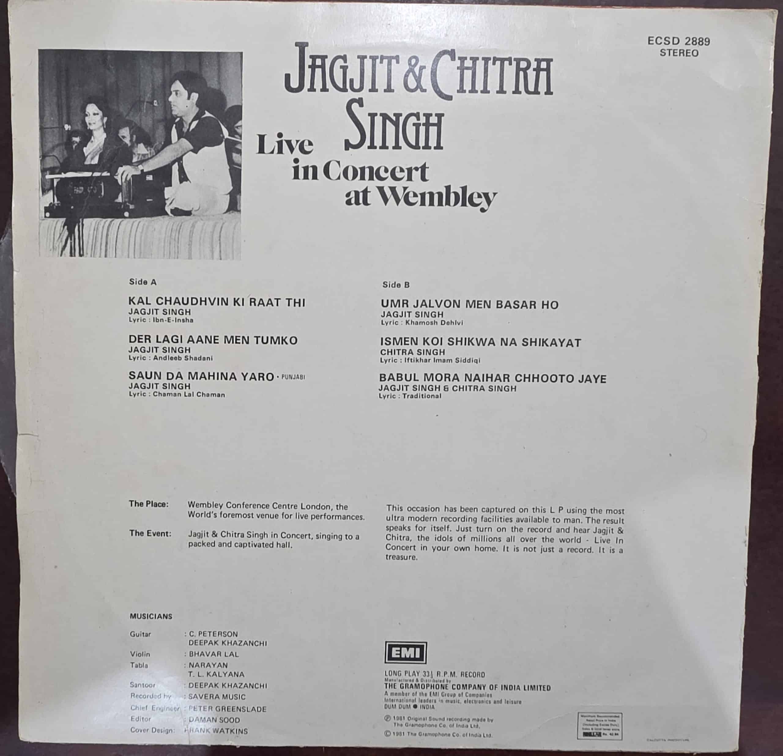 Jagjit & Chitra Singh - Live in Concert at Wembley – Record LP Vinyl Vintage -Bollywood - Image 2