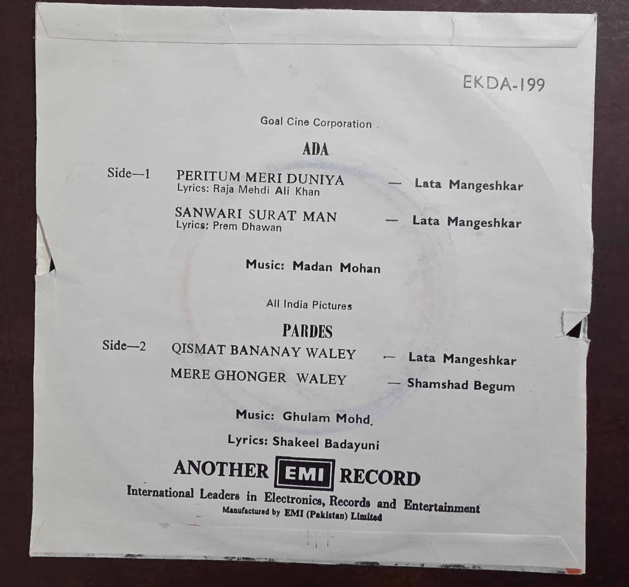Ada / Pardes EKDA 199 – Record EP Vinyl Vintage -Bollywood - Image 2