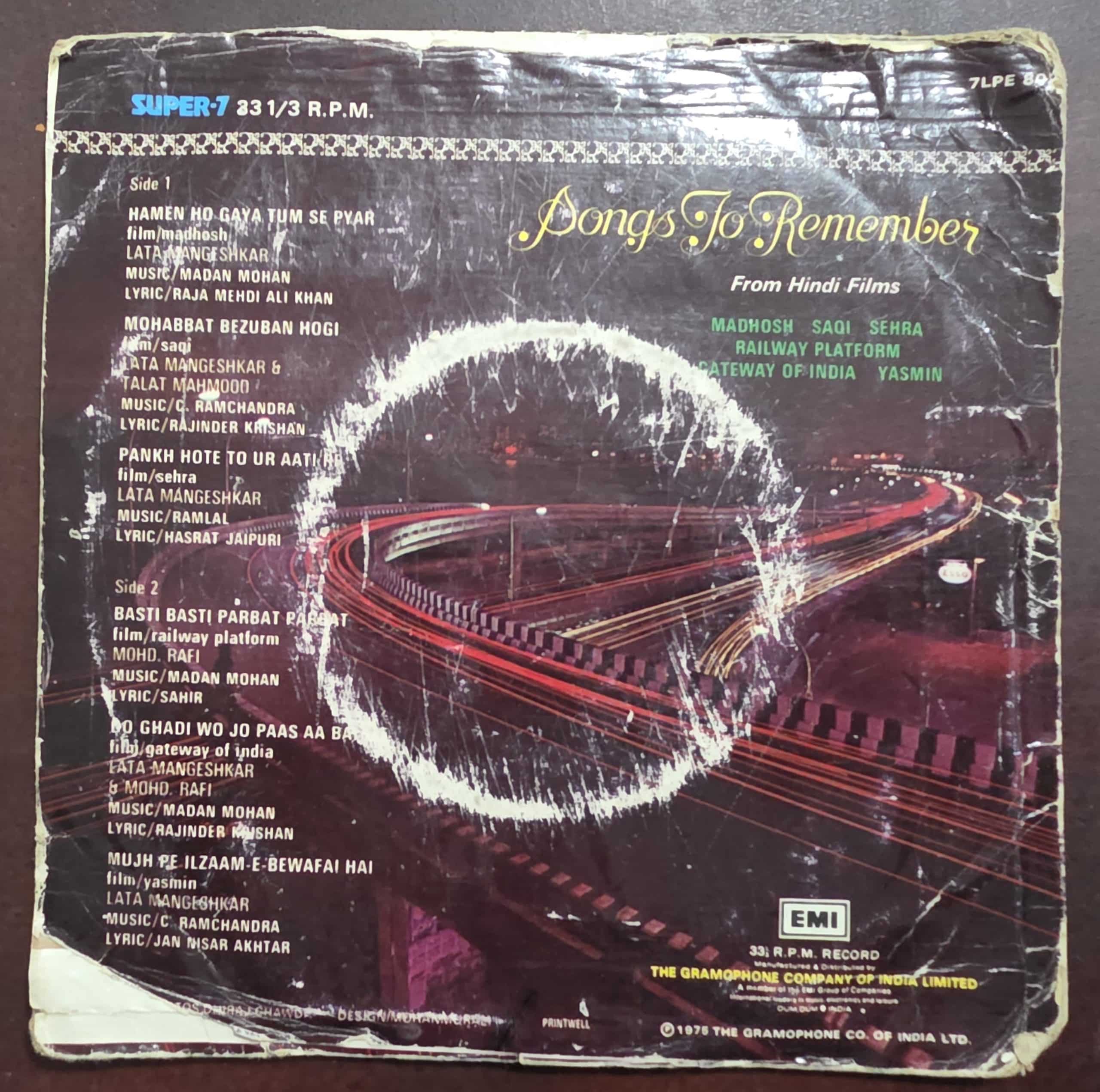 Songs To Remember From Hindi Films 7LPE 8020 – Record EP Vinyl Vintage -Bollywood - Image 2