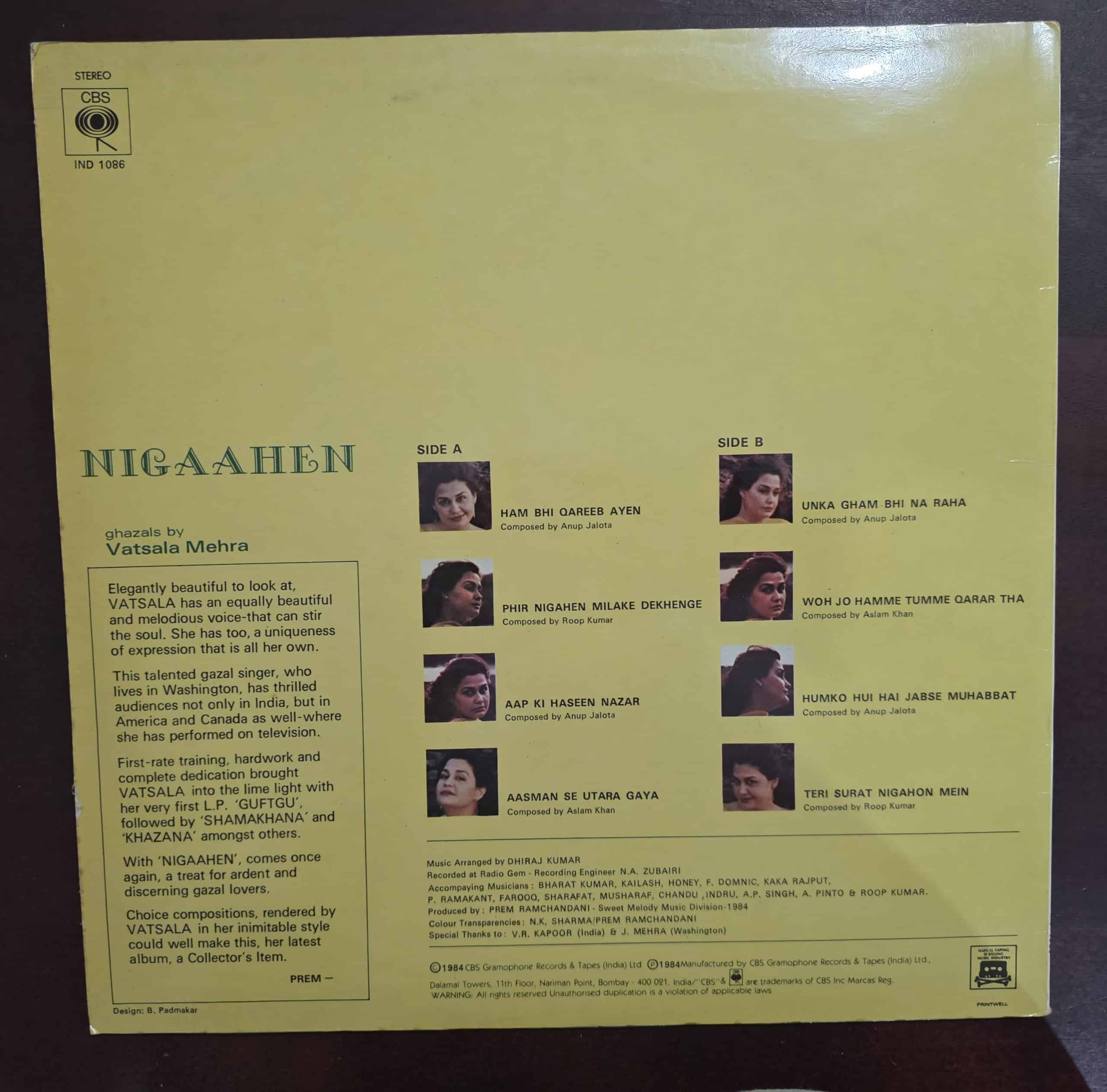 Nigaahen - Vatasala Mehra - Ghazals – Record LP Vinyl Vintage - Image 2