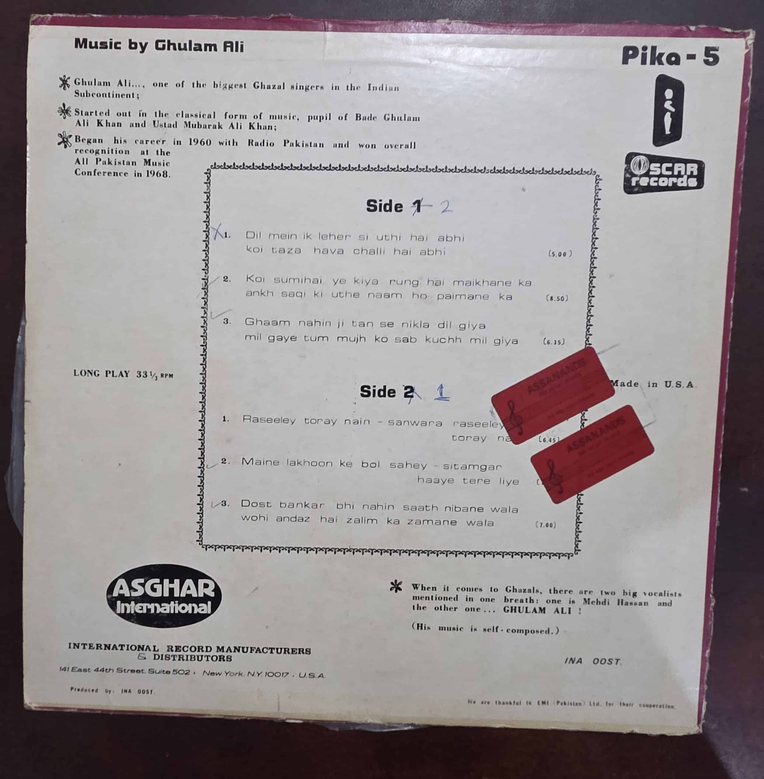 Chand Geet, Chand Ghazalein - Ghulam Ali - Ghazals – Record LP Vinyl Vintage - Image 2