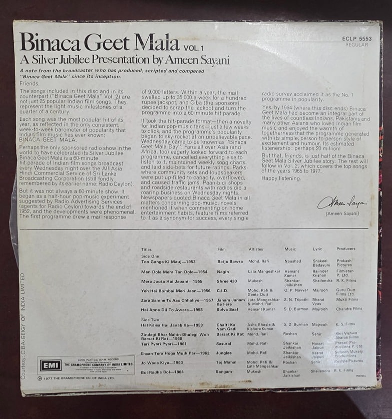 Binaca Geet Mala Vol.1- Various – Record LP Vinyl Vintage -Bollywood - Image 2