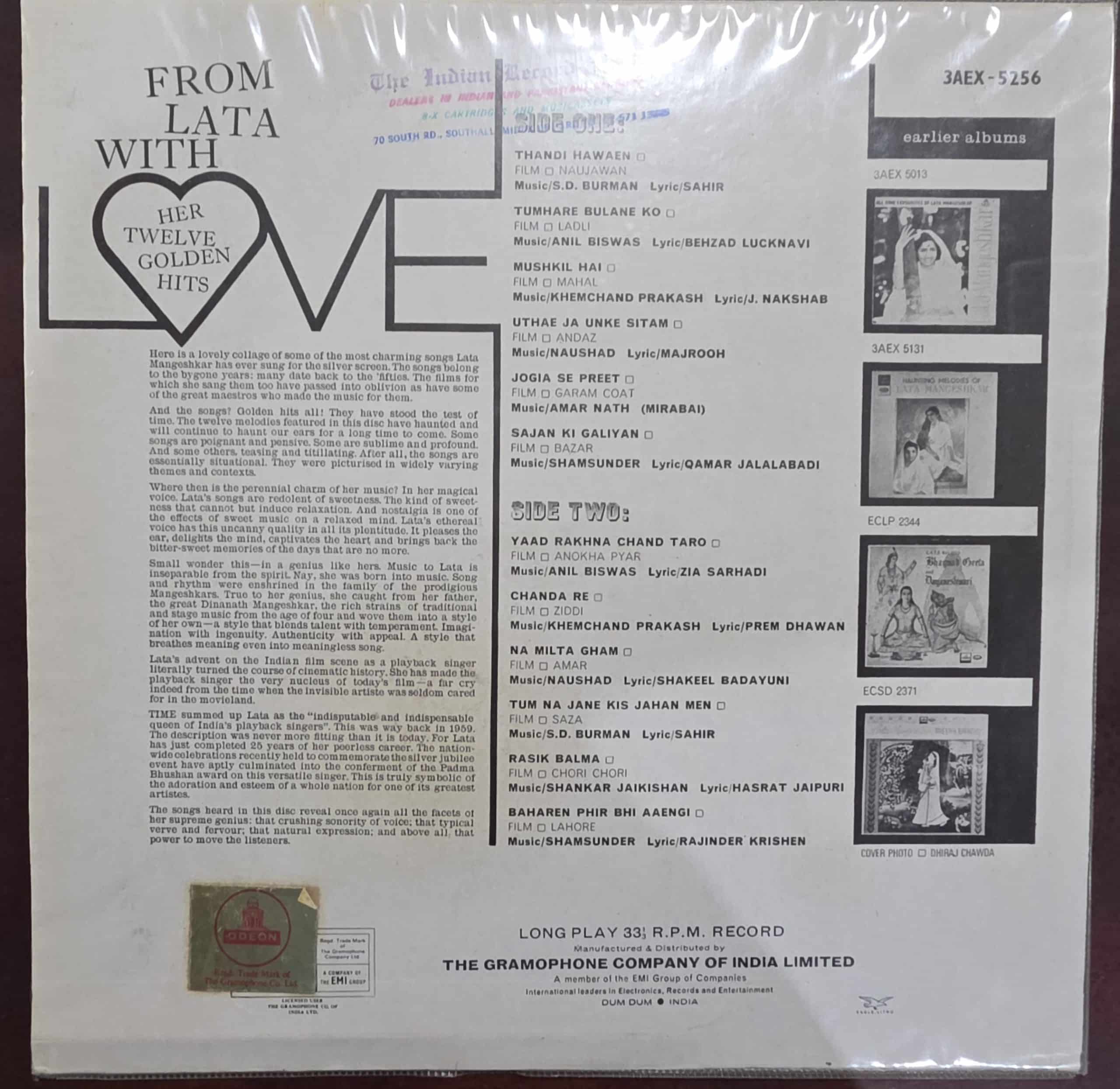 From Lata With Love - Her Twelve Golden Hits – Record LP Vinyl Vintage -Bollywood - Image 2