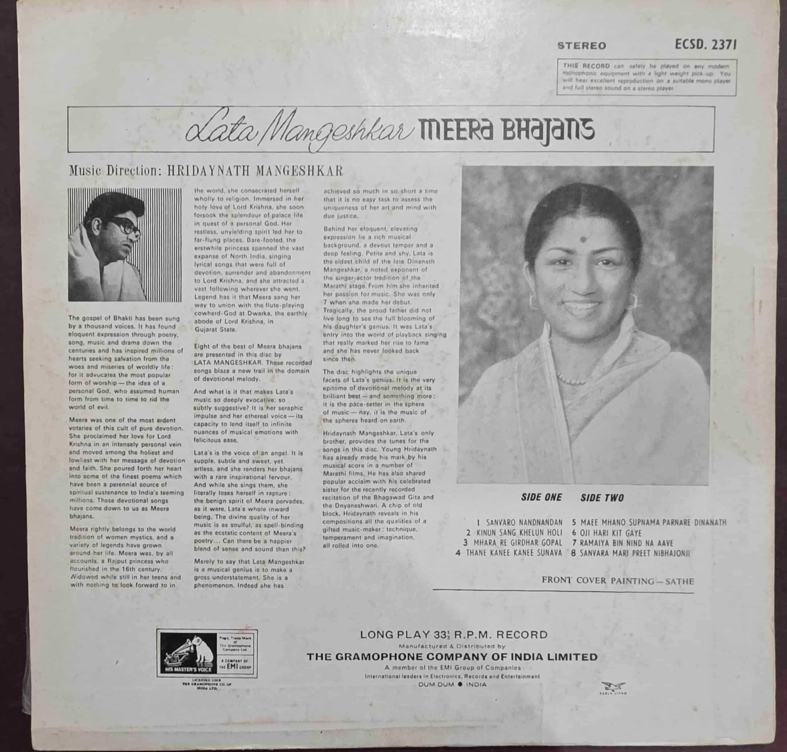 Lata Mangeshkar – Meera Bhajans – Record LP Vinyl Vintage -Bollywood - Image 2