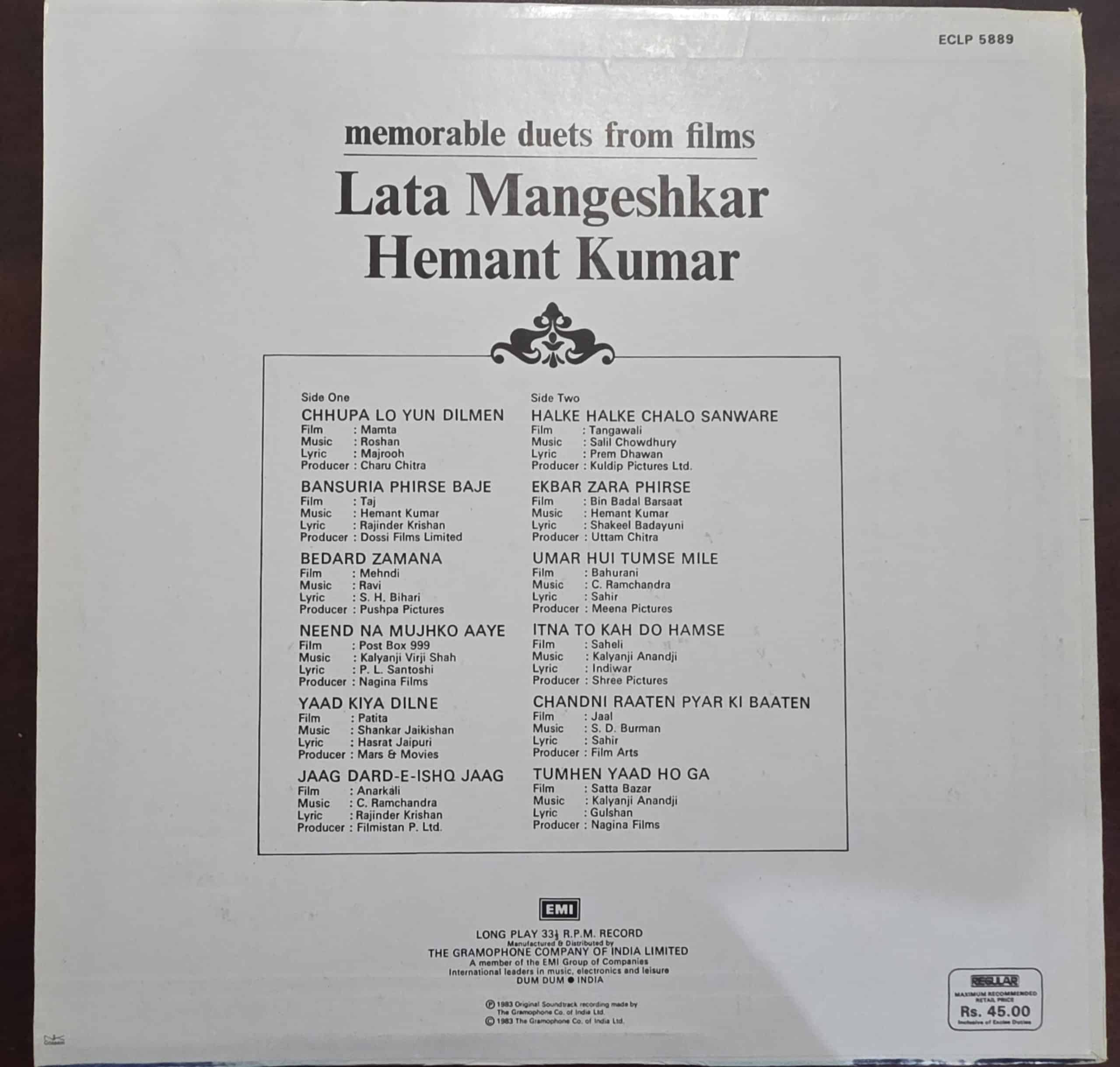 Memorable Duets From Films - Lata Mangeshkar, Hemant Kumar – Record LP Vinyl Vintage -Bollywood - Image 2