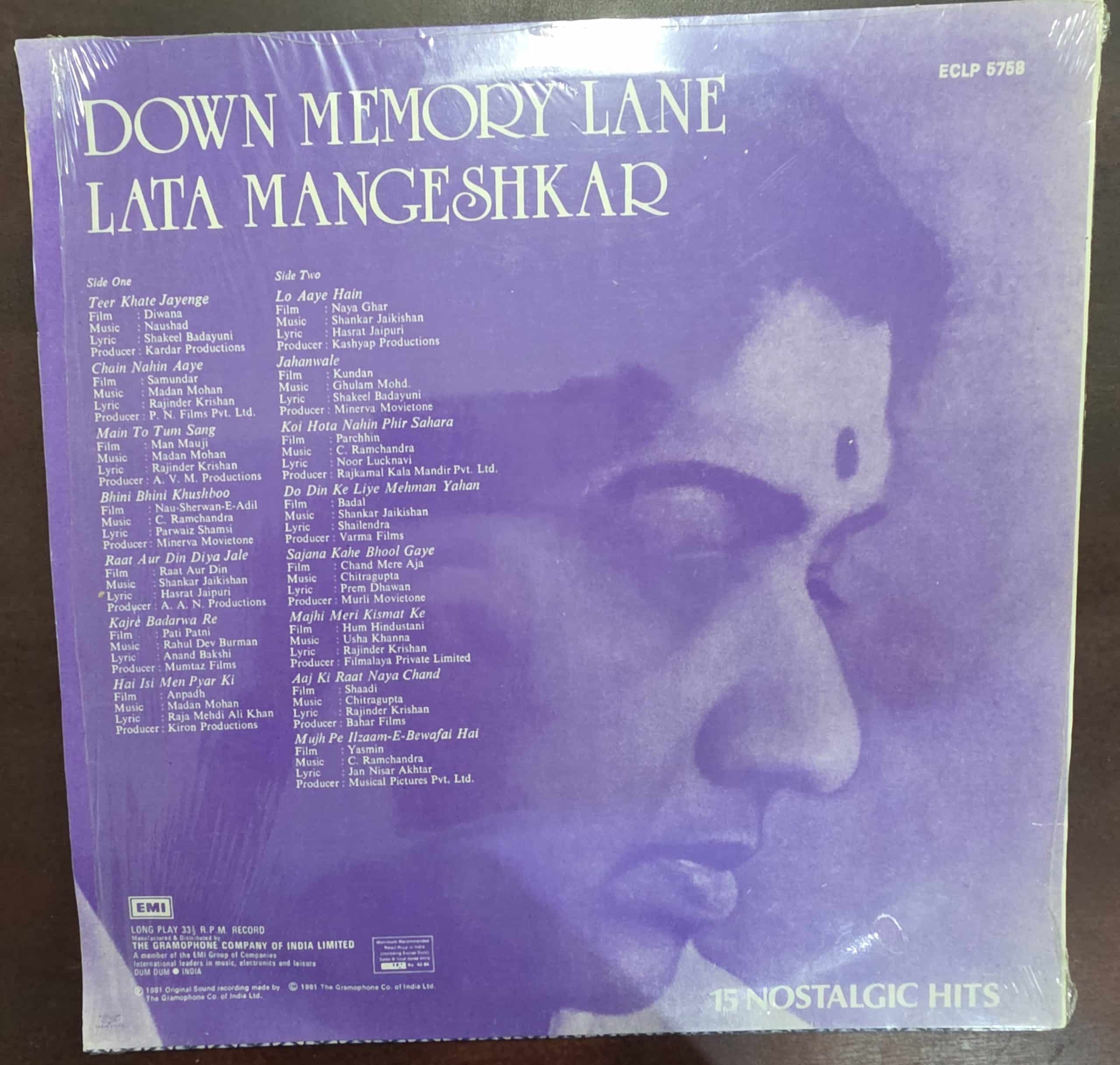 Down Memory Lane - Lata Mangeshkar – Record LP Vinyl Vintage -Bollywood - Image 2