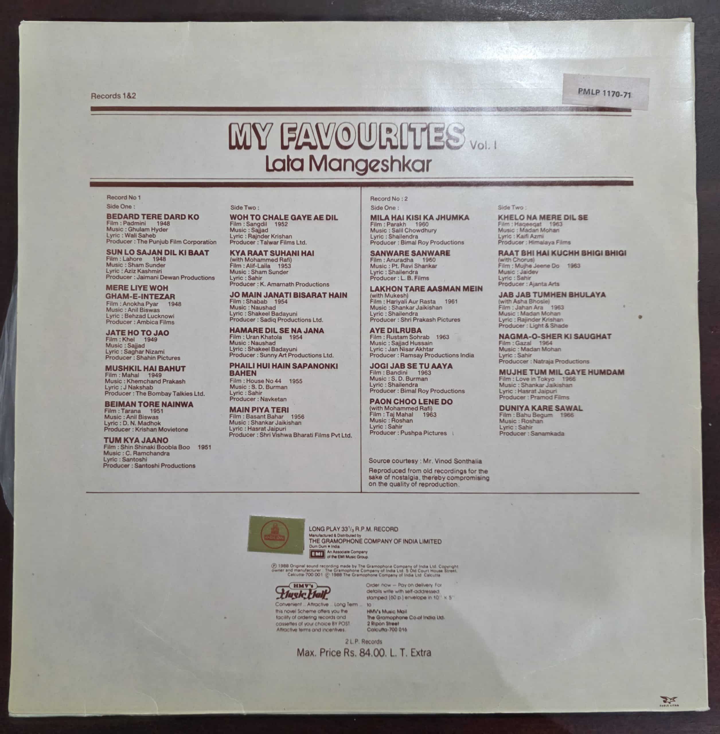 My Favourites Vol. 1 (1967 - 1985) - Lata Mangeshkar – Record LP Vinyl Vintage -Bollywood - Image 2