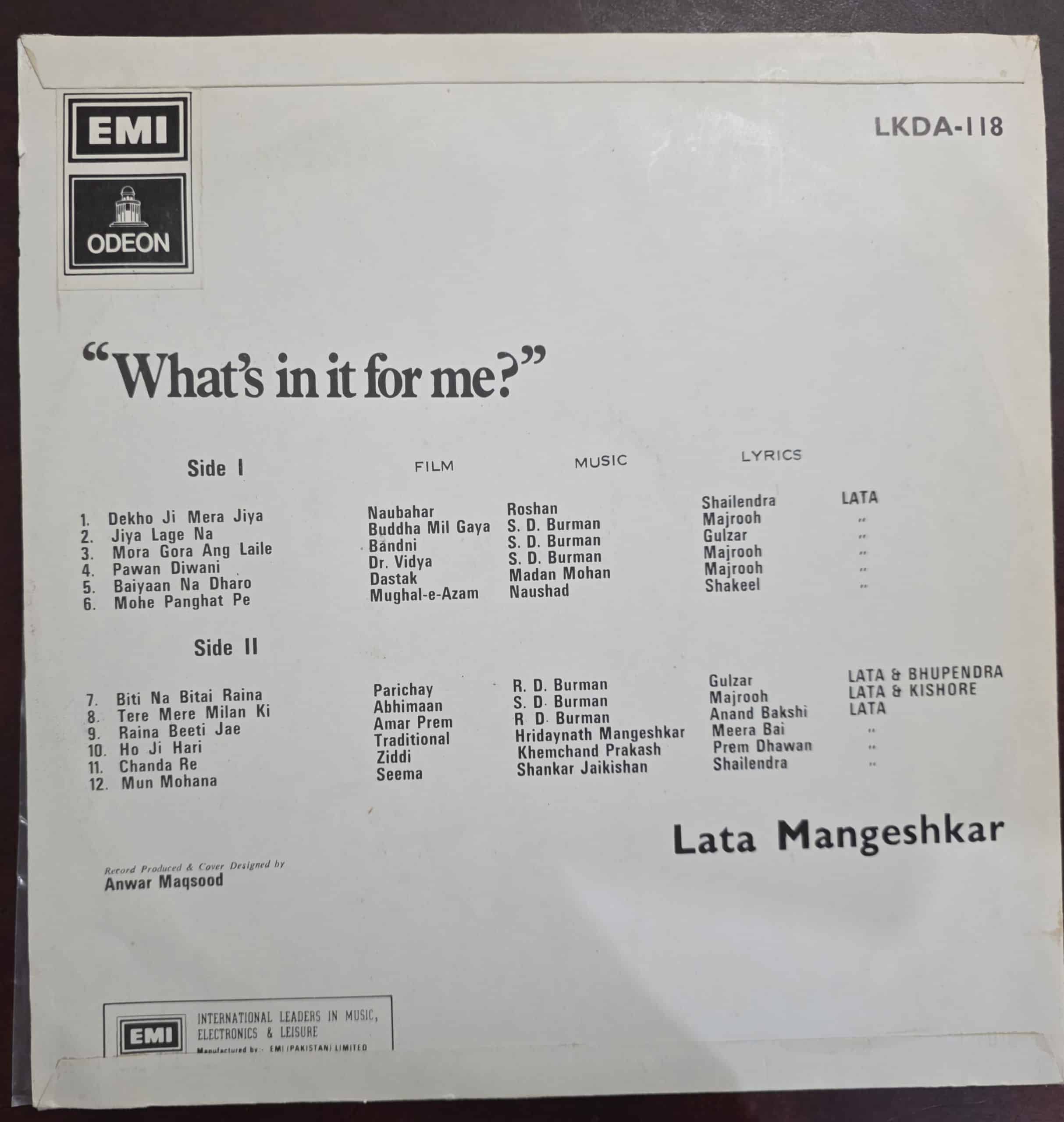 What's In It For Me? - Lata Mangeshkar – Record LP Vinyl Vintage -Bollywood - Image 2