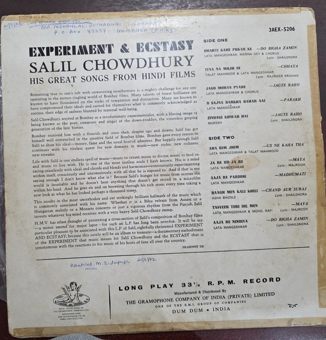 Experiment And Ecstasy (His Great Songs From Hindi Films) - Salil Chowdhury - Record LP Vinyl Vintage - Bollywood - Image 2