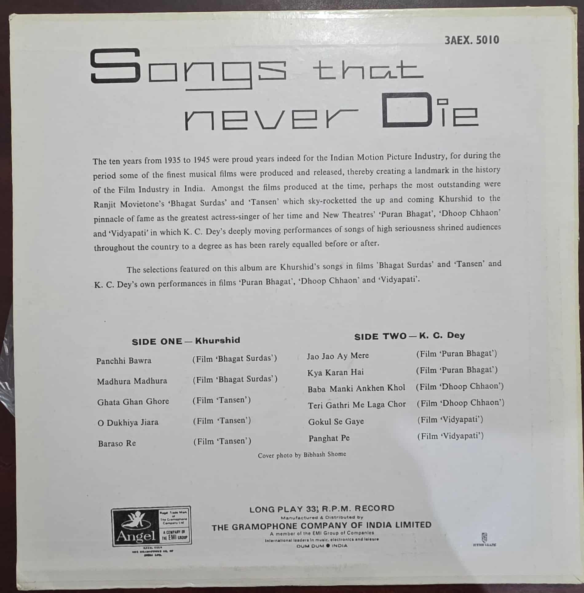Songs That Never Die - The Greatest Hits Of Khurshid And K.C. Dey. – Record LP Vinyl Vintage - Bollywood - Image 2
