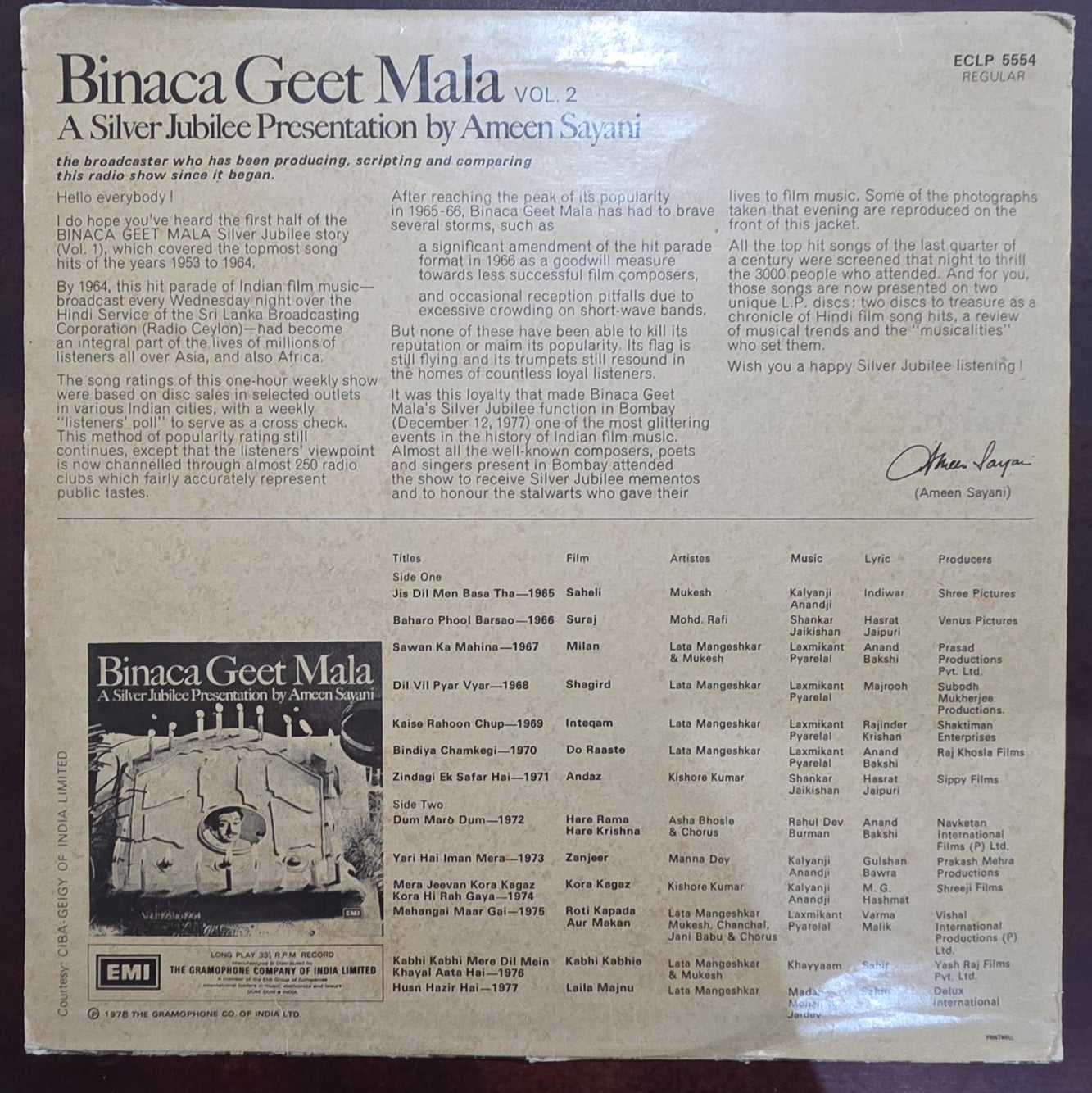 Binaca Geet Mala Vol.2- Various (Jacket Worn) – Record LP Vinyl Vintage -Bollywood - Image 2