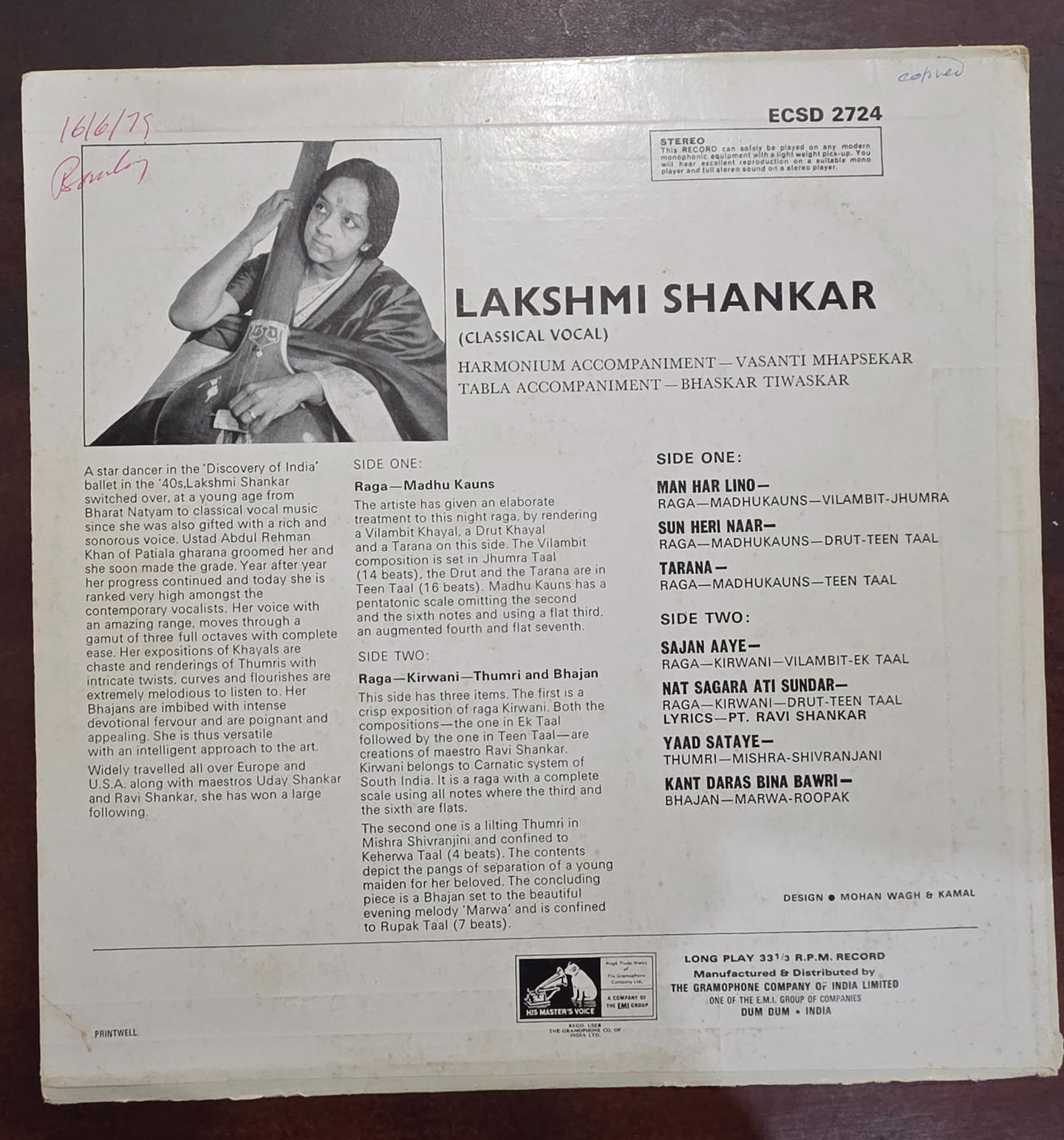 Classical Vocal - Hindi - Lakshmi Shankar – Record LP Vinyl Vintage -Bollywood - Image 2