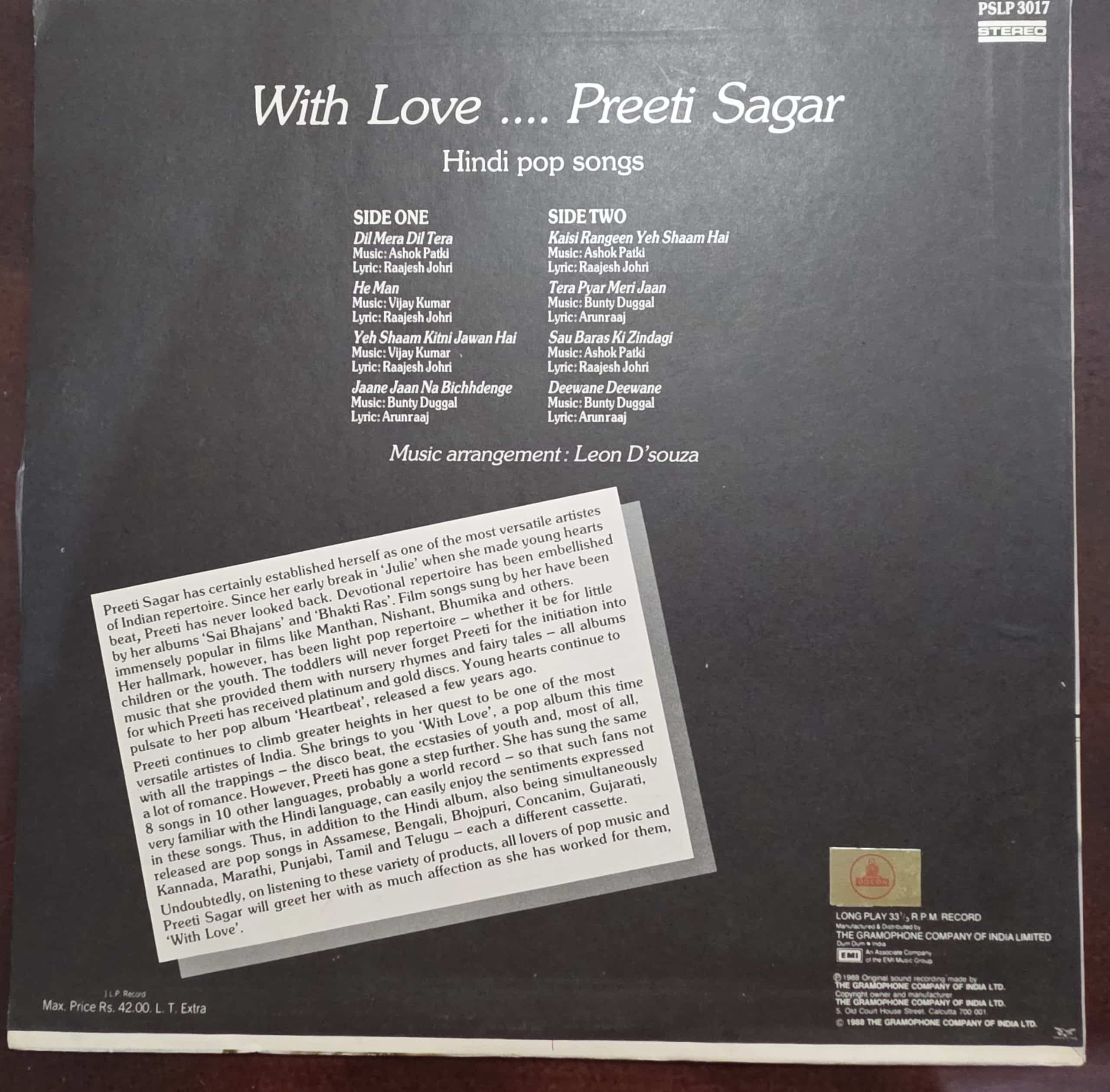 With Love.... Preeti Sagar (Hindi Pop Songs) - Record LP Vinyl Vintage – Bollywood - Image 2