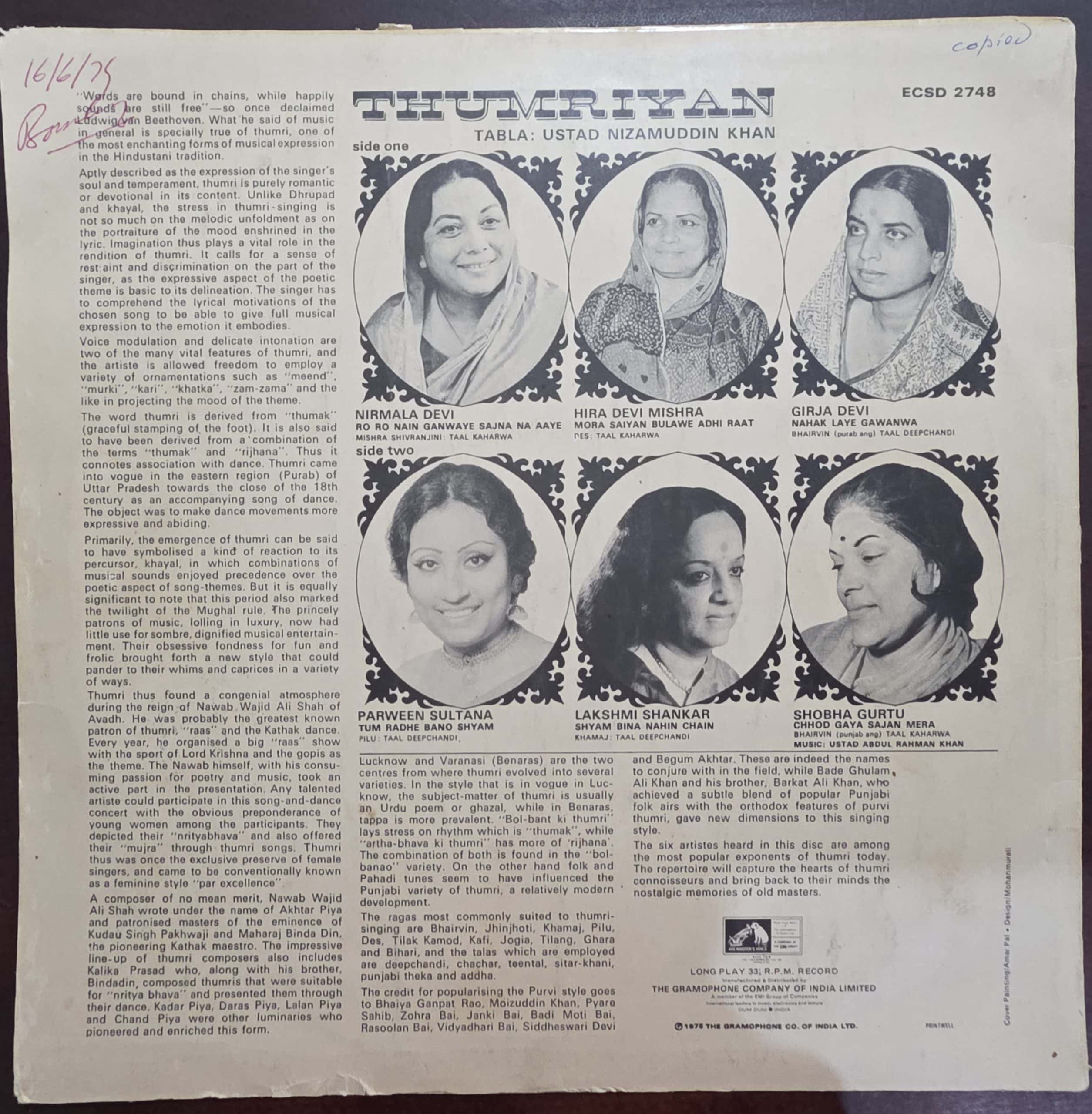 Thumriyan - Record LP Vinyl Vintage – Bollywood - Image 2