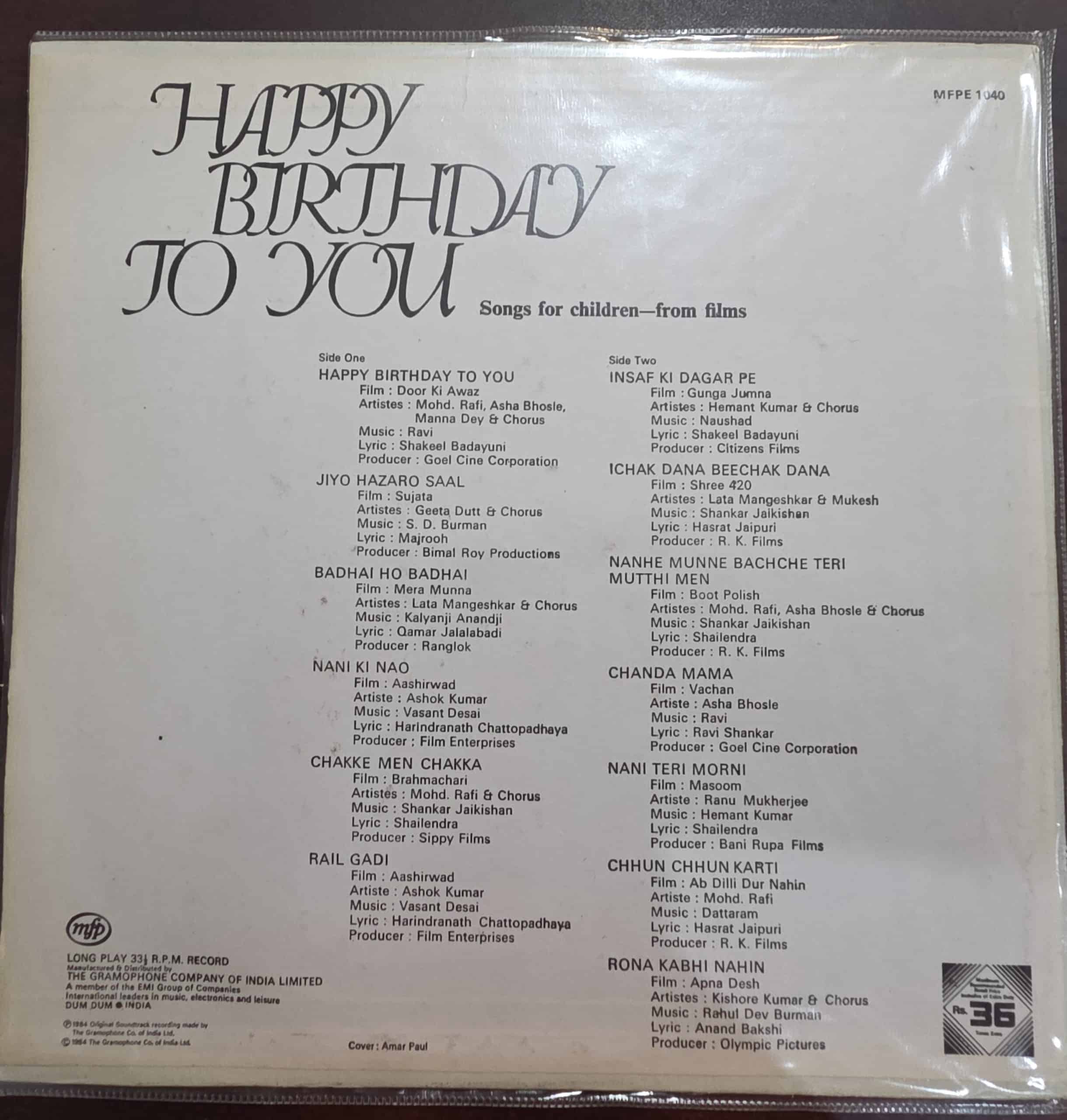 Happy Birthday To You - Various - Record LP Vinyl Vintage – Bollywood - Image 2