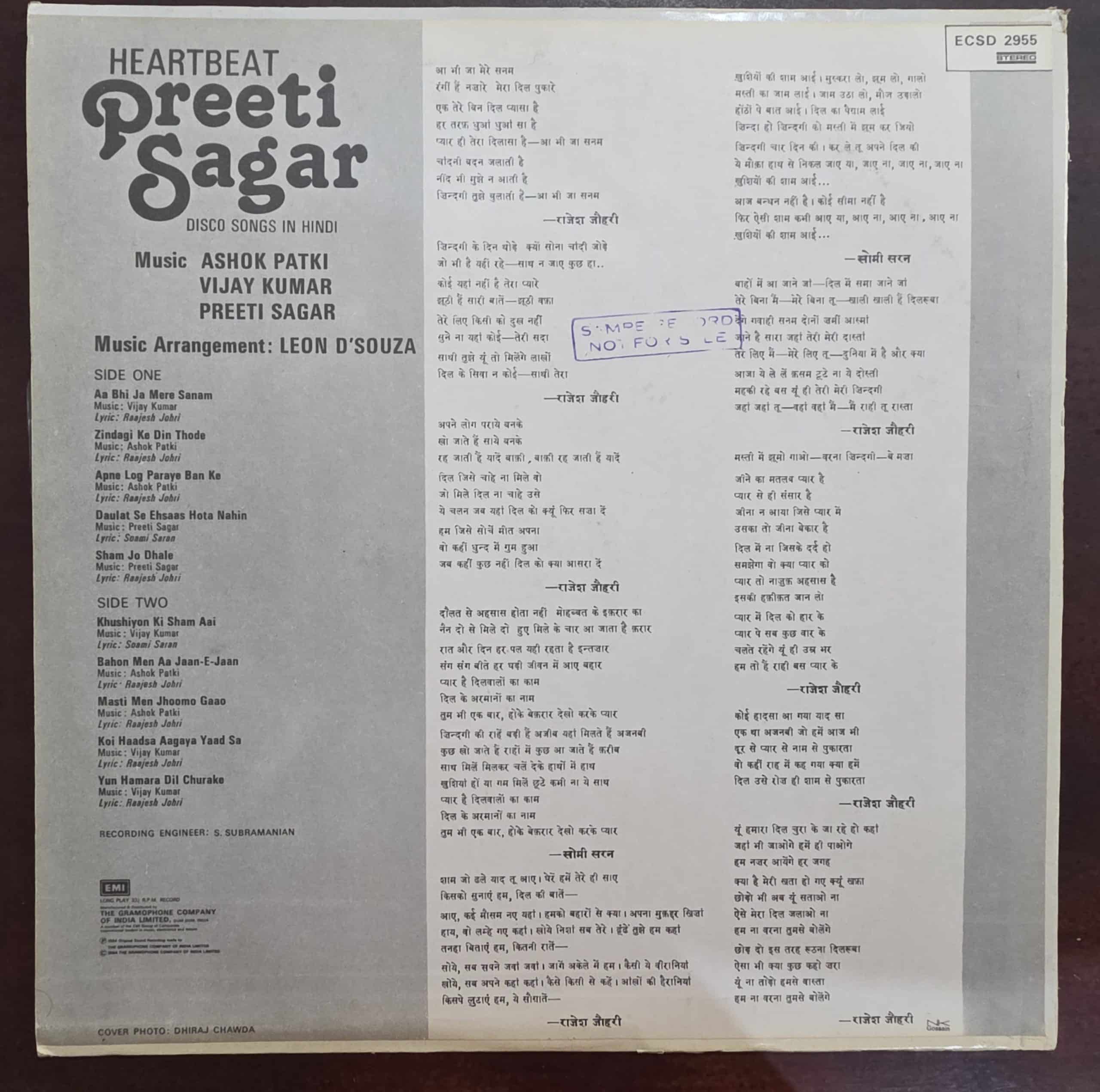 Heartbeat. Disco Songs In Hindi - Preeti Sagar - Record LP Vinyl Vintage – Bollywood - Image 2