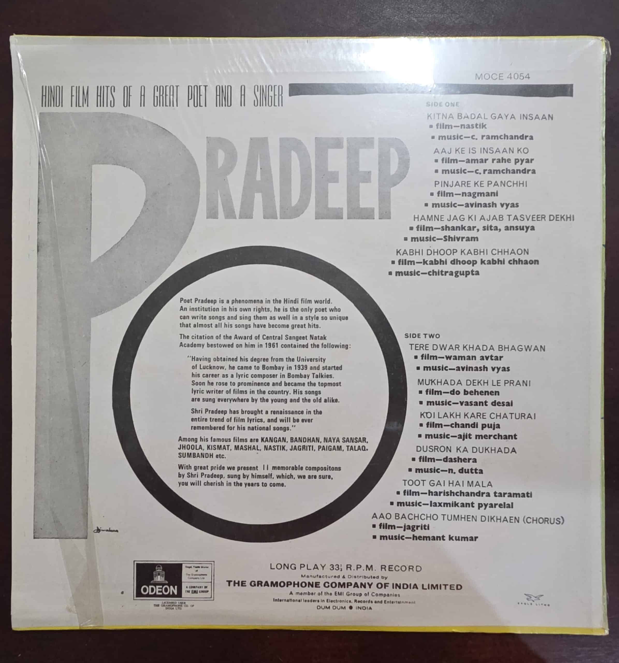 Hindi Film Hits Of A Great Poet And A Singer - Pradeep - Record LP Vinyl Vintage – Bollywood - Image 2