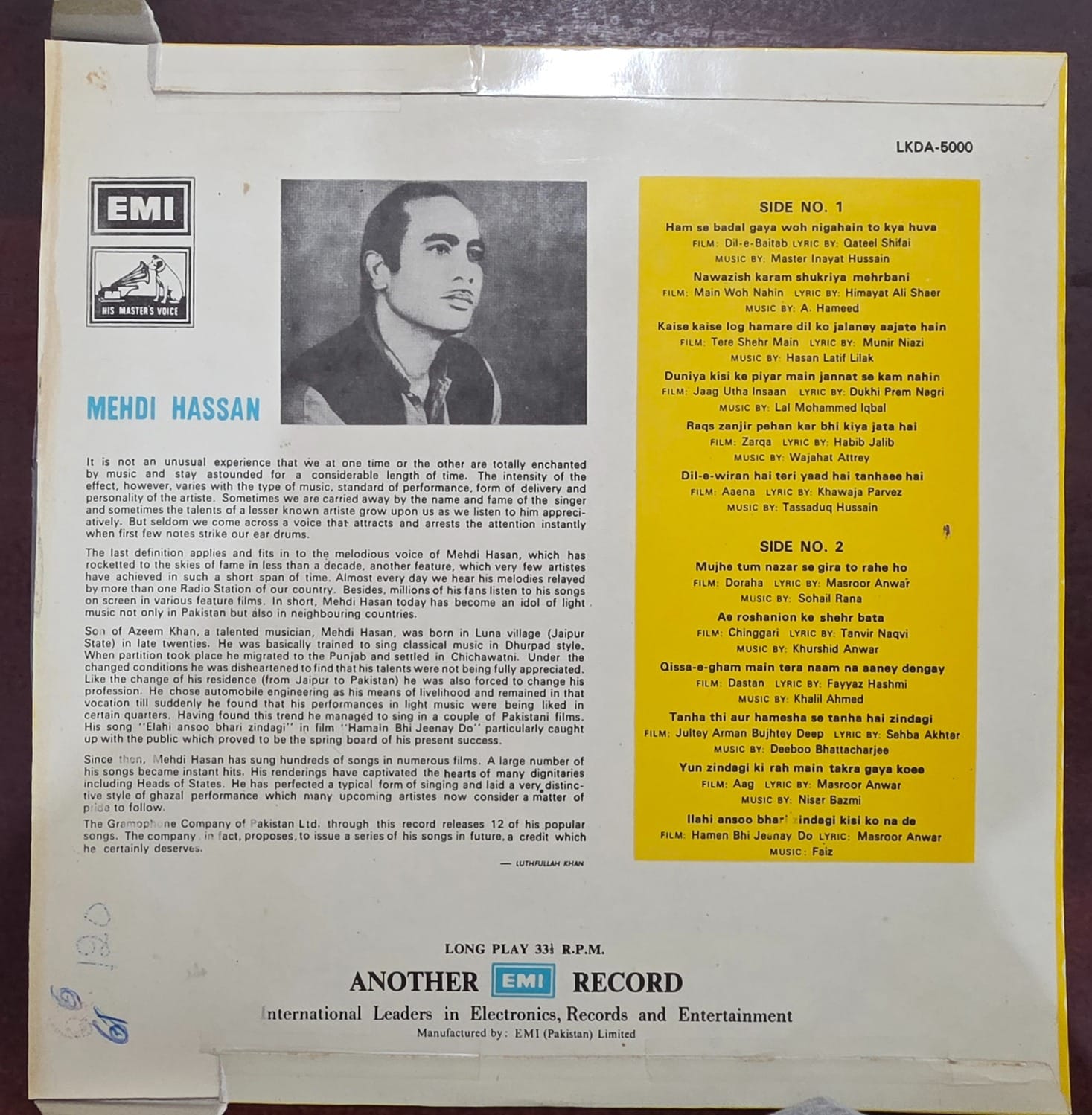 Mehdi Hassan – Mehdi Hassan - Record LP Vinyl Vintage Bollywood - Image 2