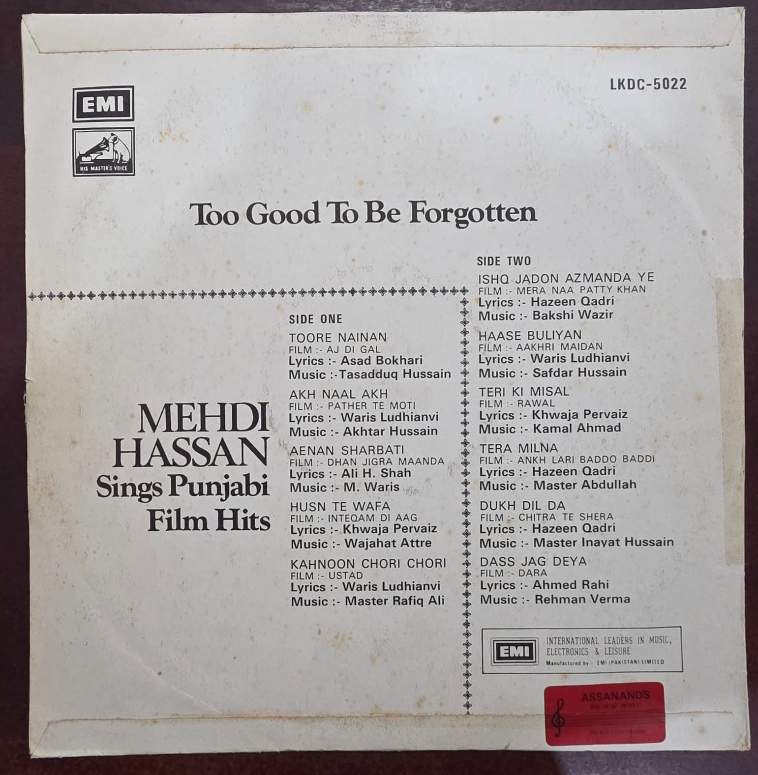 Too Good To Be Forgotten (Mehdi Hassan Sings Punjabi Film Hits) - Record LP Vinyl Vintage Bollywood - Image 2