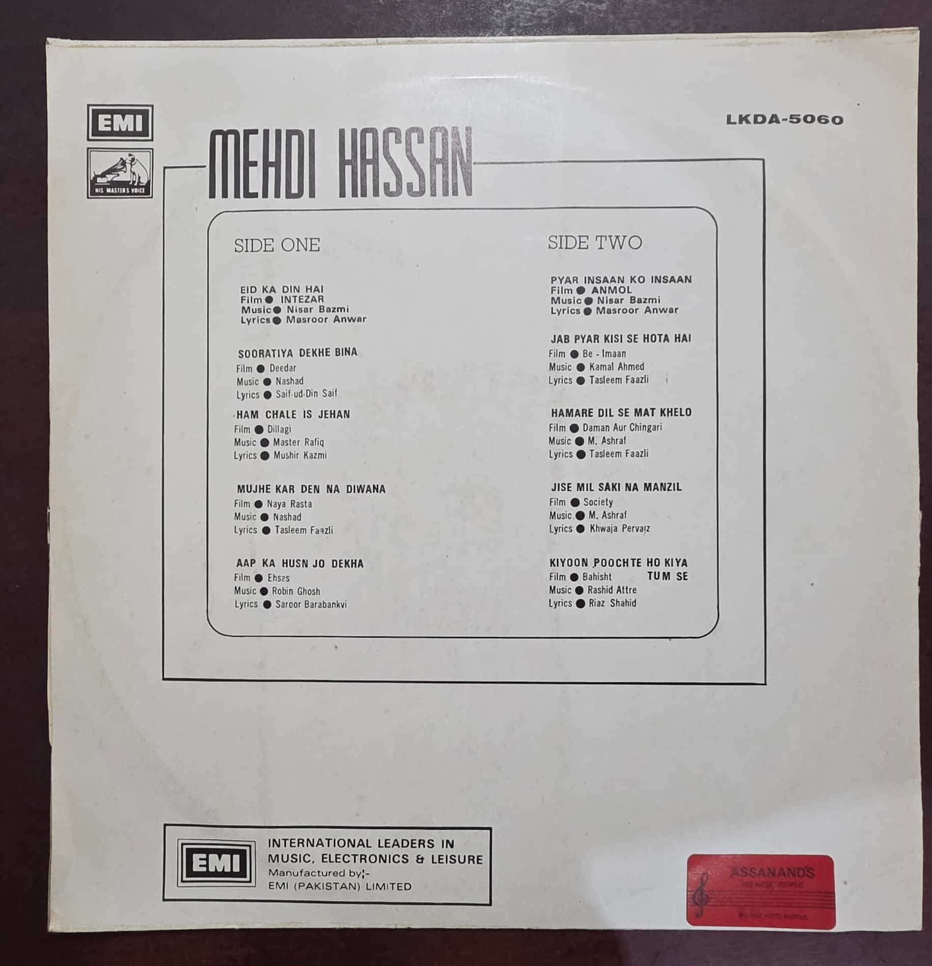 Mehdi Hassan – Mehdi Hassan - Record LP Vinyl Vintage Bollywood - Image 2