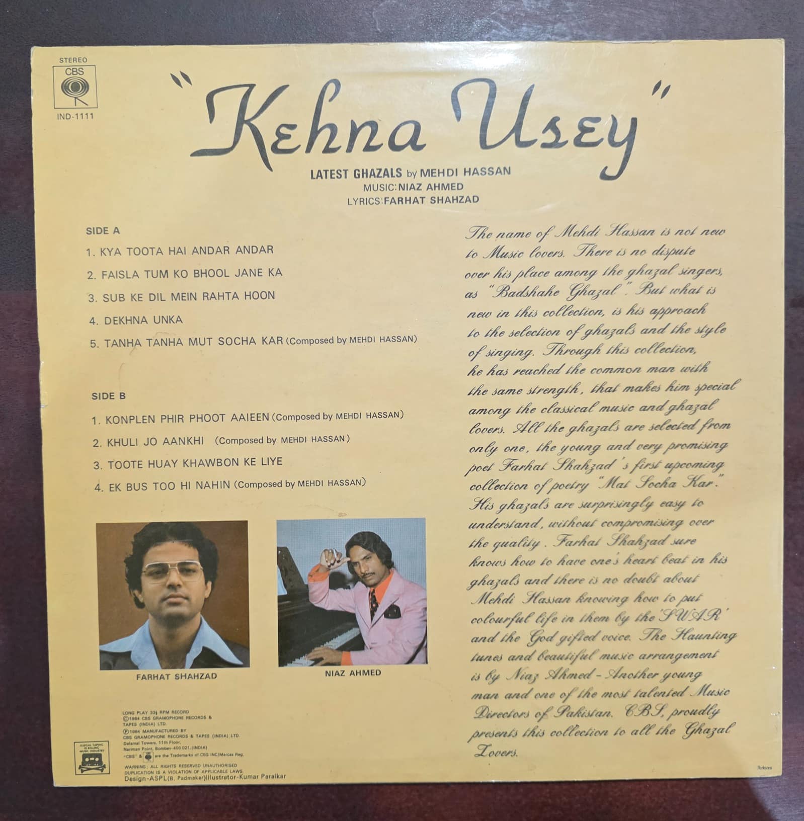 Kehna Usey - Latest Ghazals By Mehdi Hassan - Record LP Vinyl Vintage Bollywood - Image 2