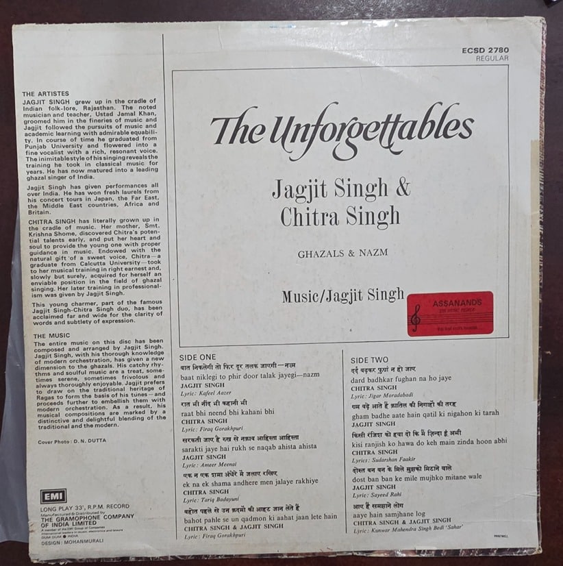 The Unforgettables – Jagjit and Chitra Singh - Record LP Vinyl Vintage -Bollywood - Image 2