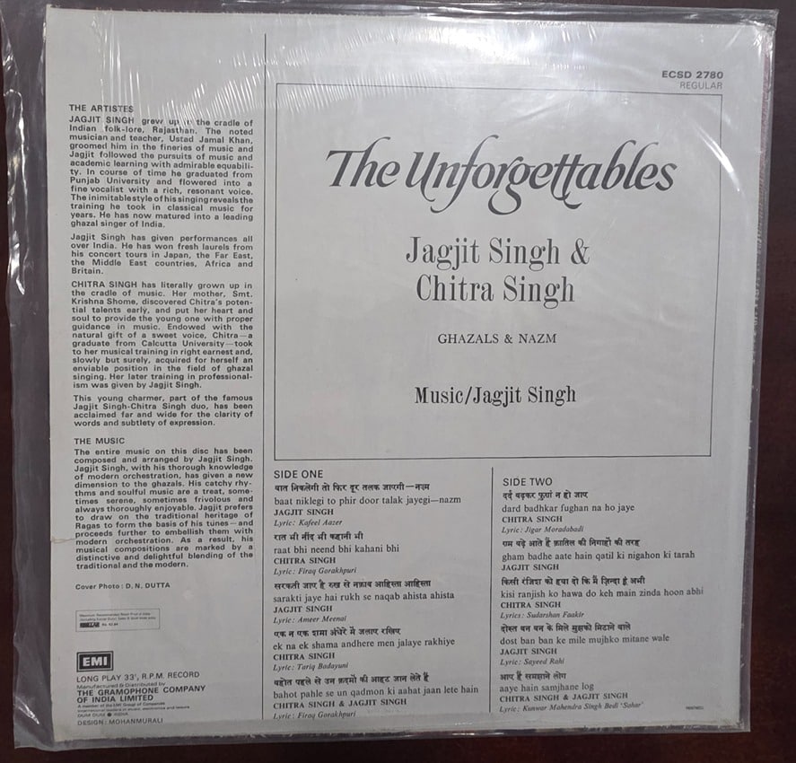The Unforgettables(Jacket Good) – Jagjit and Chitra Singh - Record LP Vinyl Vintage -Bollywood - Image 2