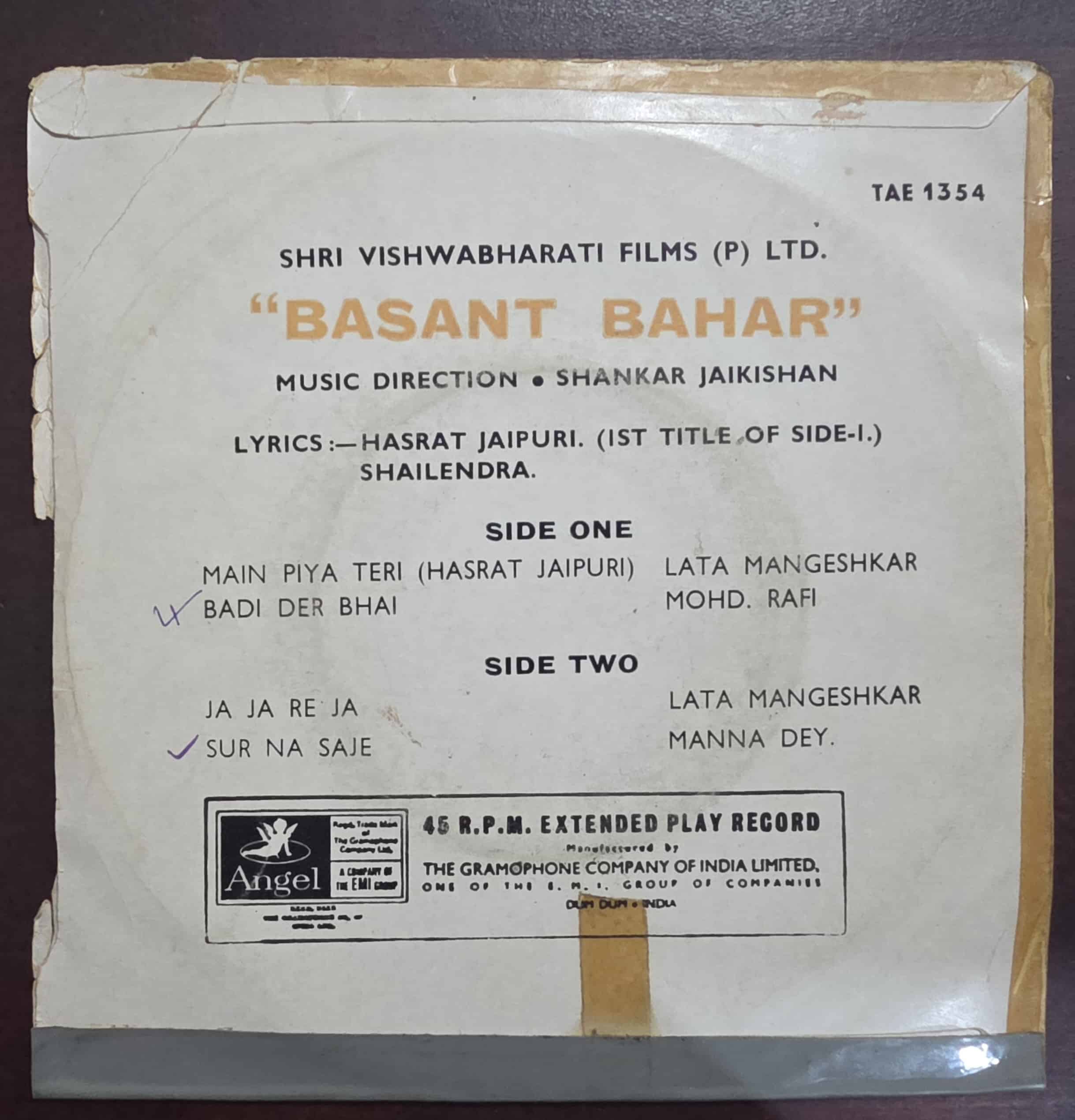Basant Bahar - TAE 1354 - Record EP Vinyl Vintage -Bollywood - Image 2