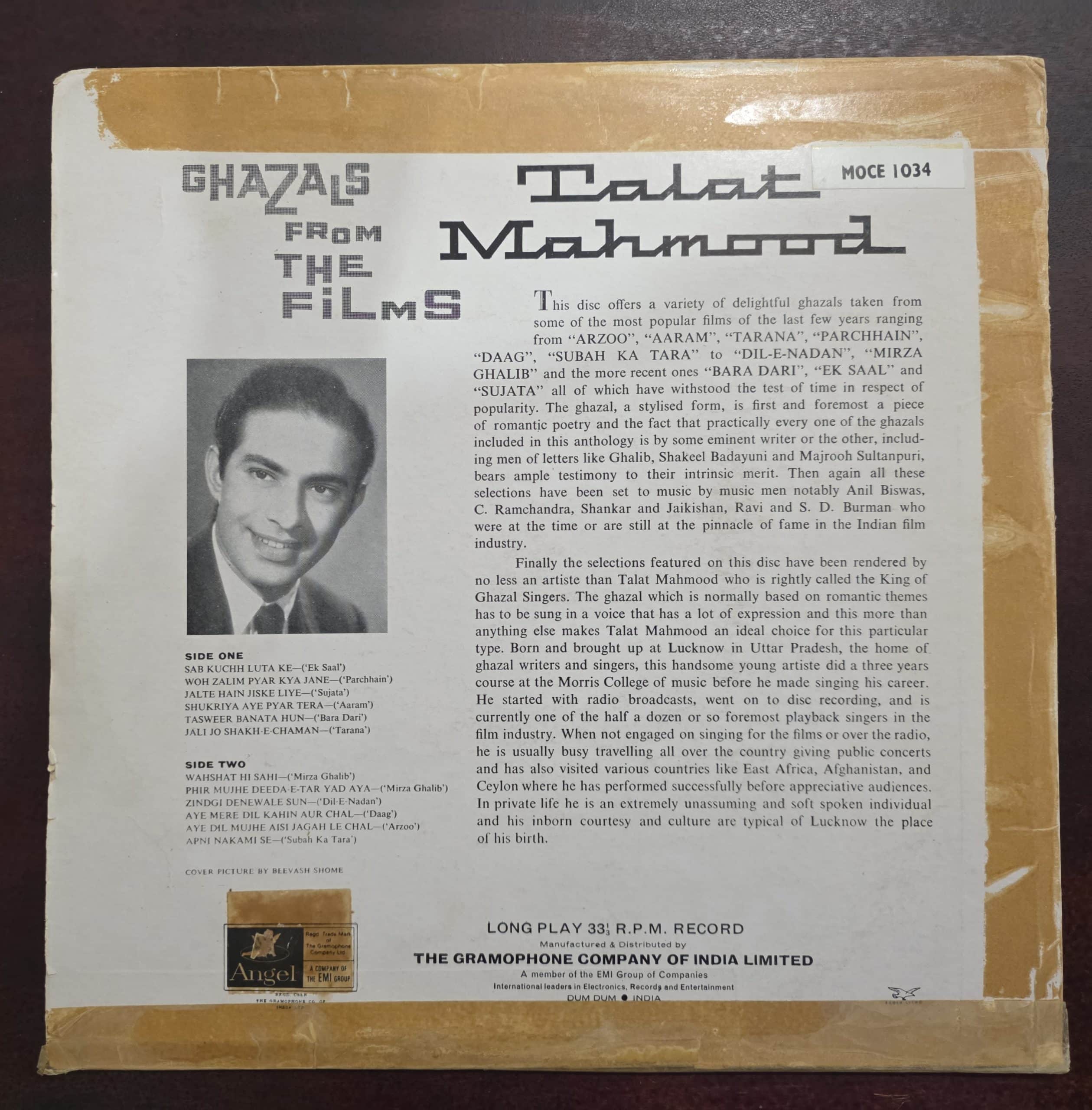 Ghazals From The Films (The Love Songs Of Talat Mahmood) - Record LP Vinyl Vintage - Bollywood - Image 2