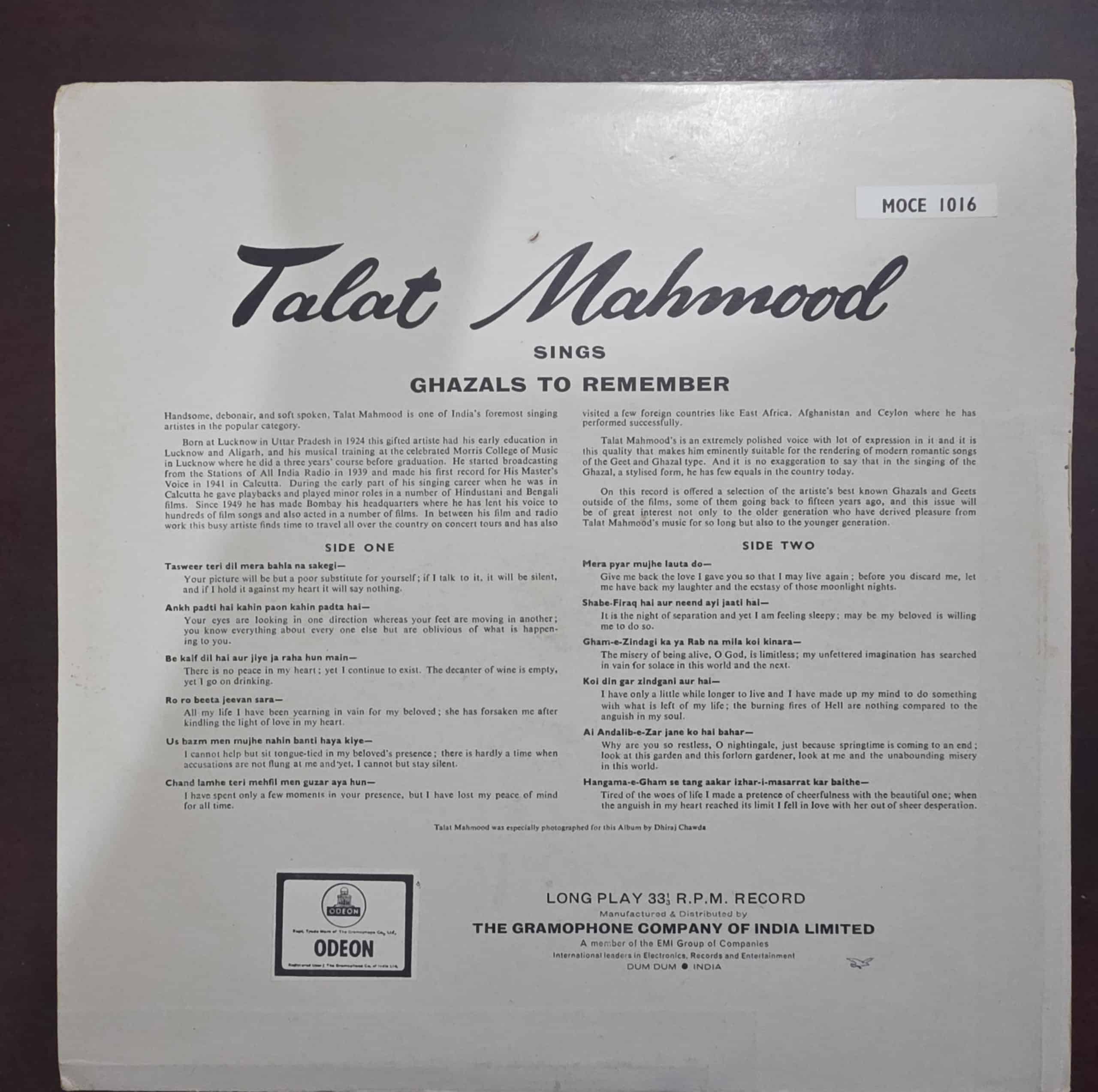 Ghazals To Remember - Talat Mahmood - Record LP Vinyl Vintage - Bollywood - Image 2