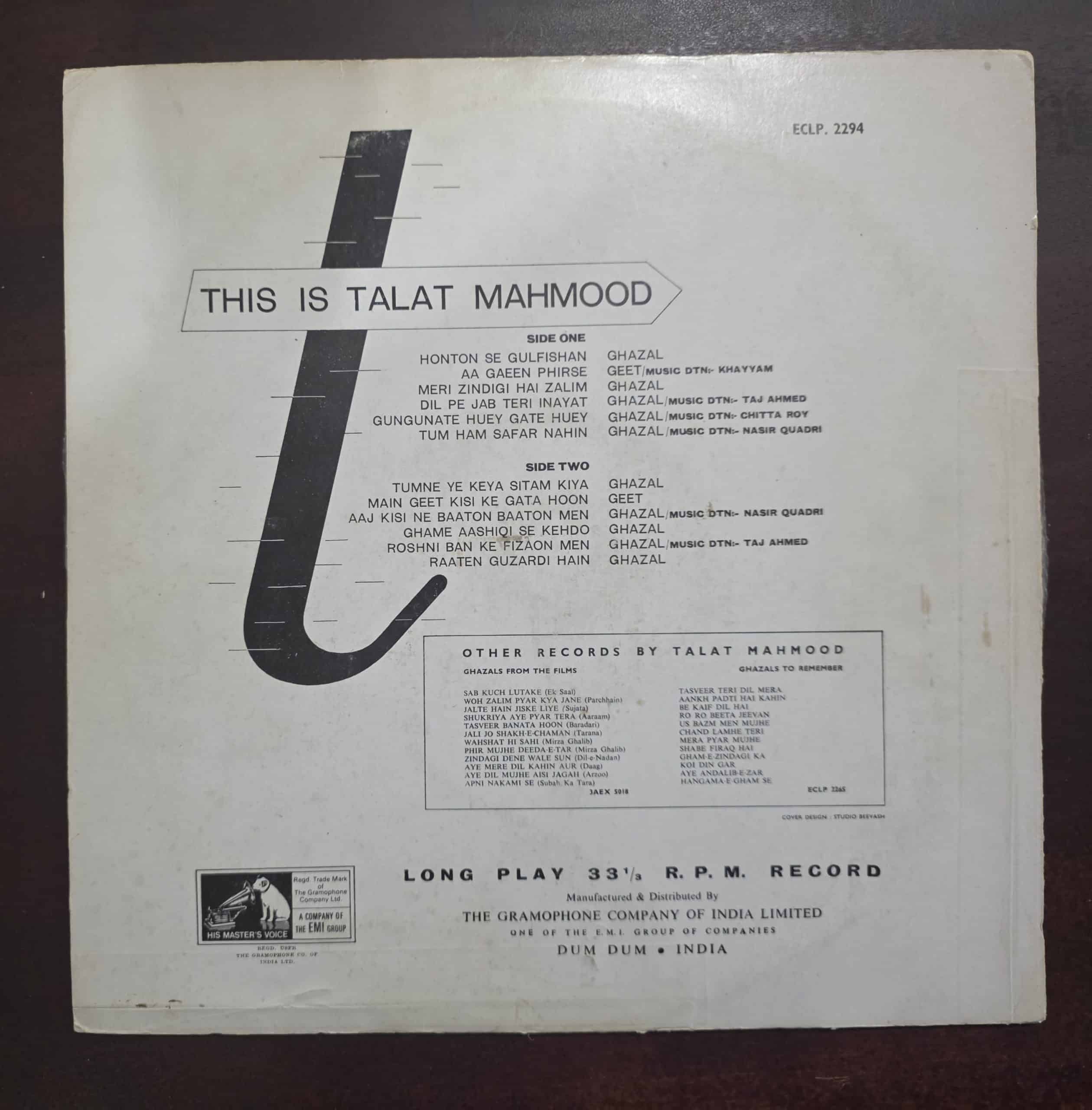 This is Talat Mahmood (Fair Sleeve) - Talat Mahmood - Record LP Vinyl Vintage - Bollywood - Image 2