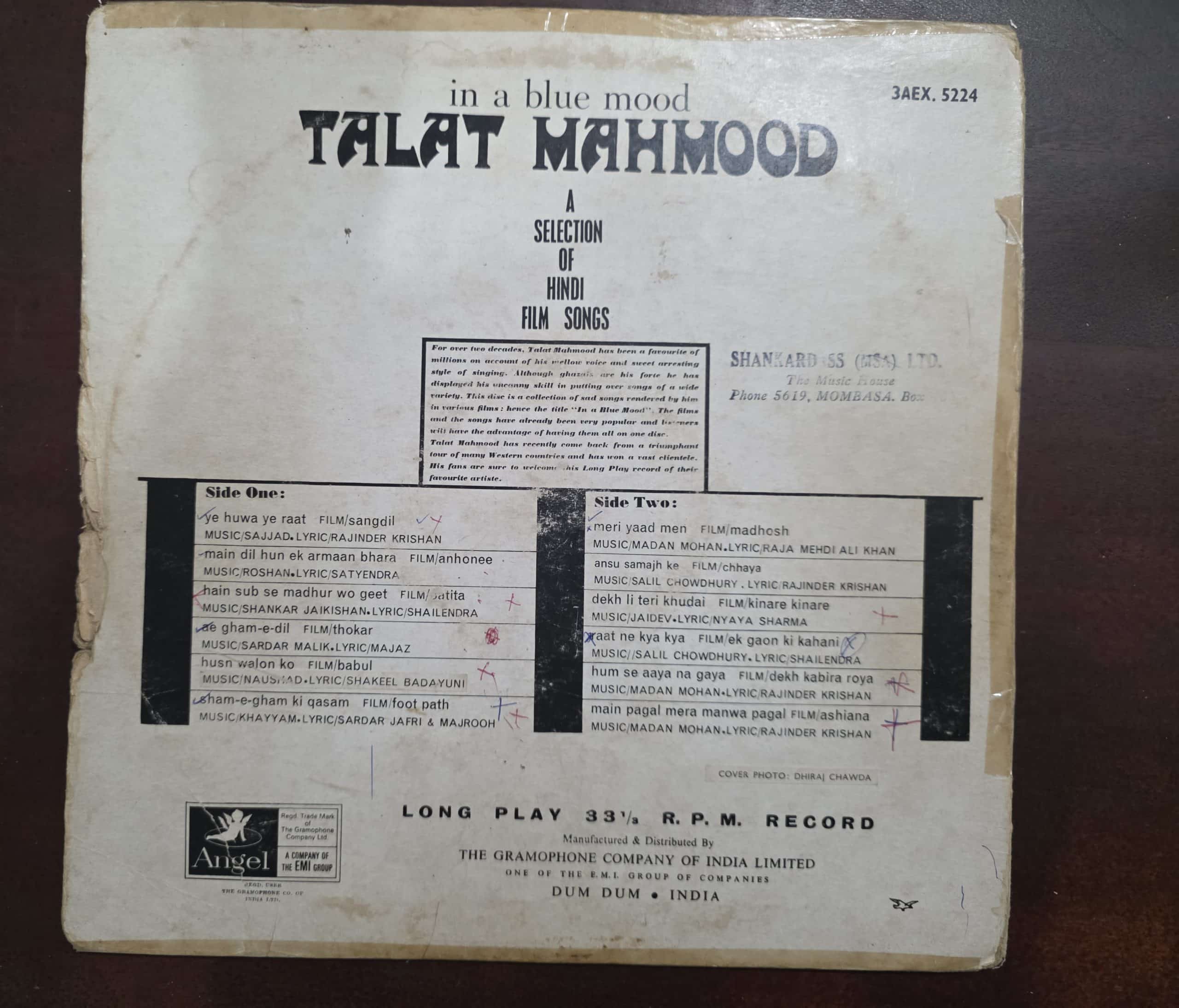 In a Blue Mood - Talat Mahmood - Record LP Vinyl Vintage - Bollywood - Image 2