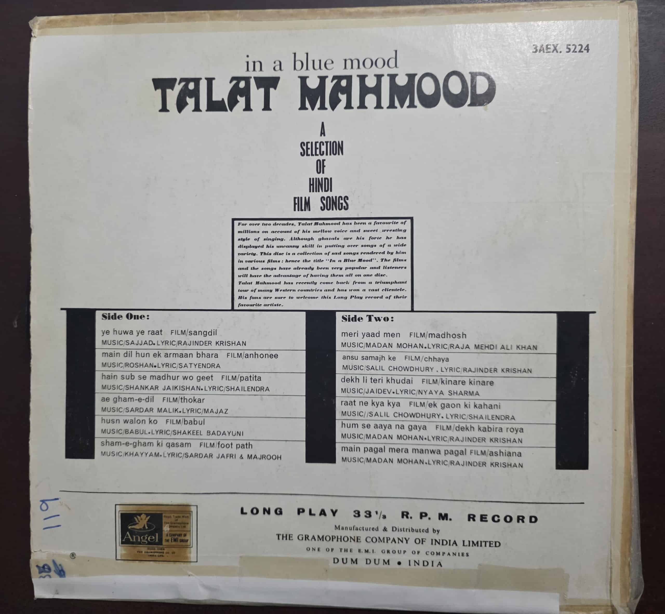 In a Blue Mood - Talat Mahmood - Record LP Vinyl Vintage - Bollywood - Image 2